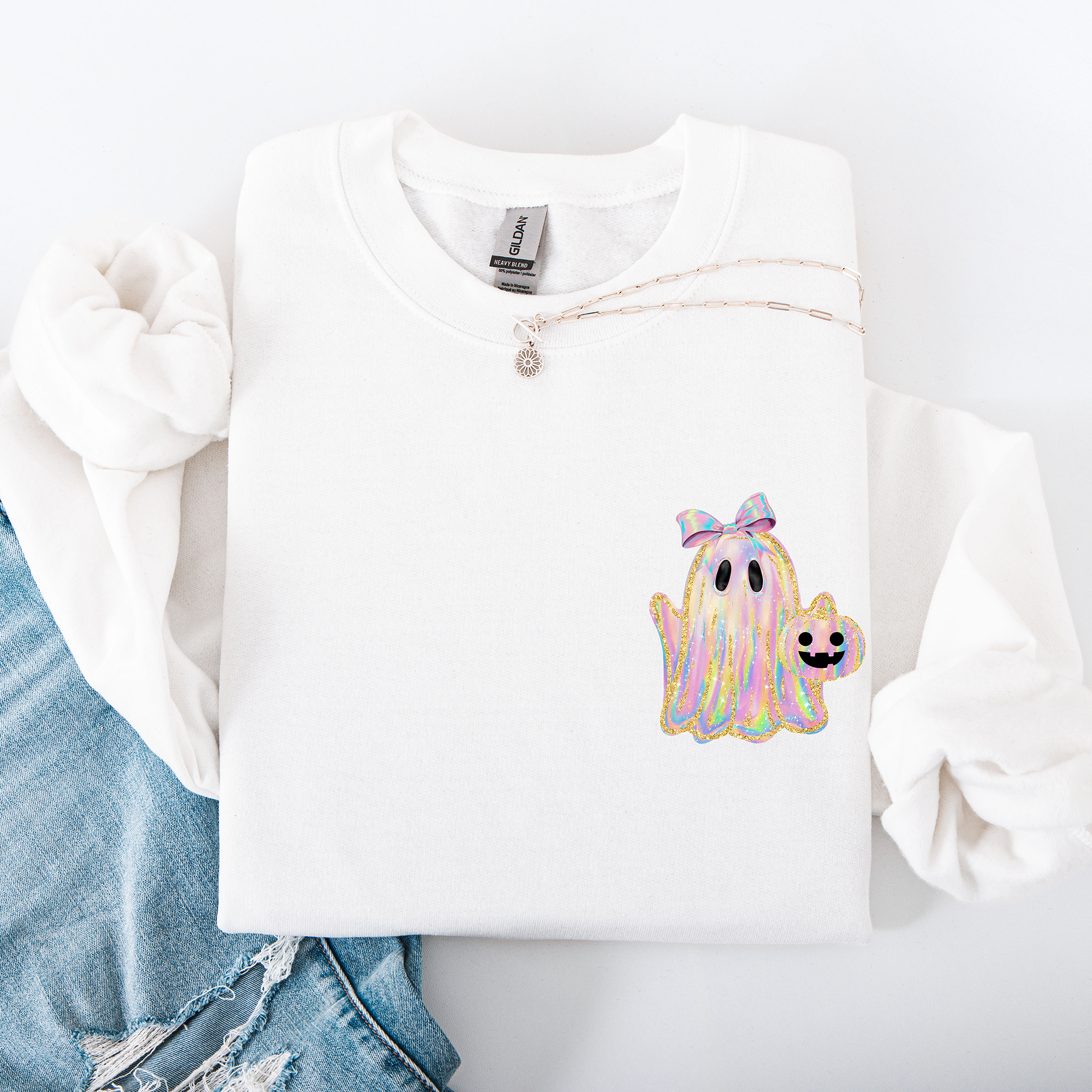 Cute Ghost Coquette Ribbon Faux Glitter Halloween Vintage Velvet Pocket Sweatshirt