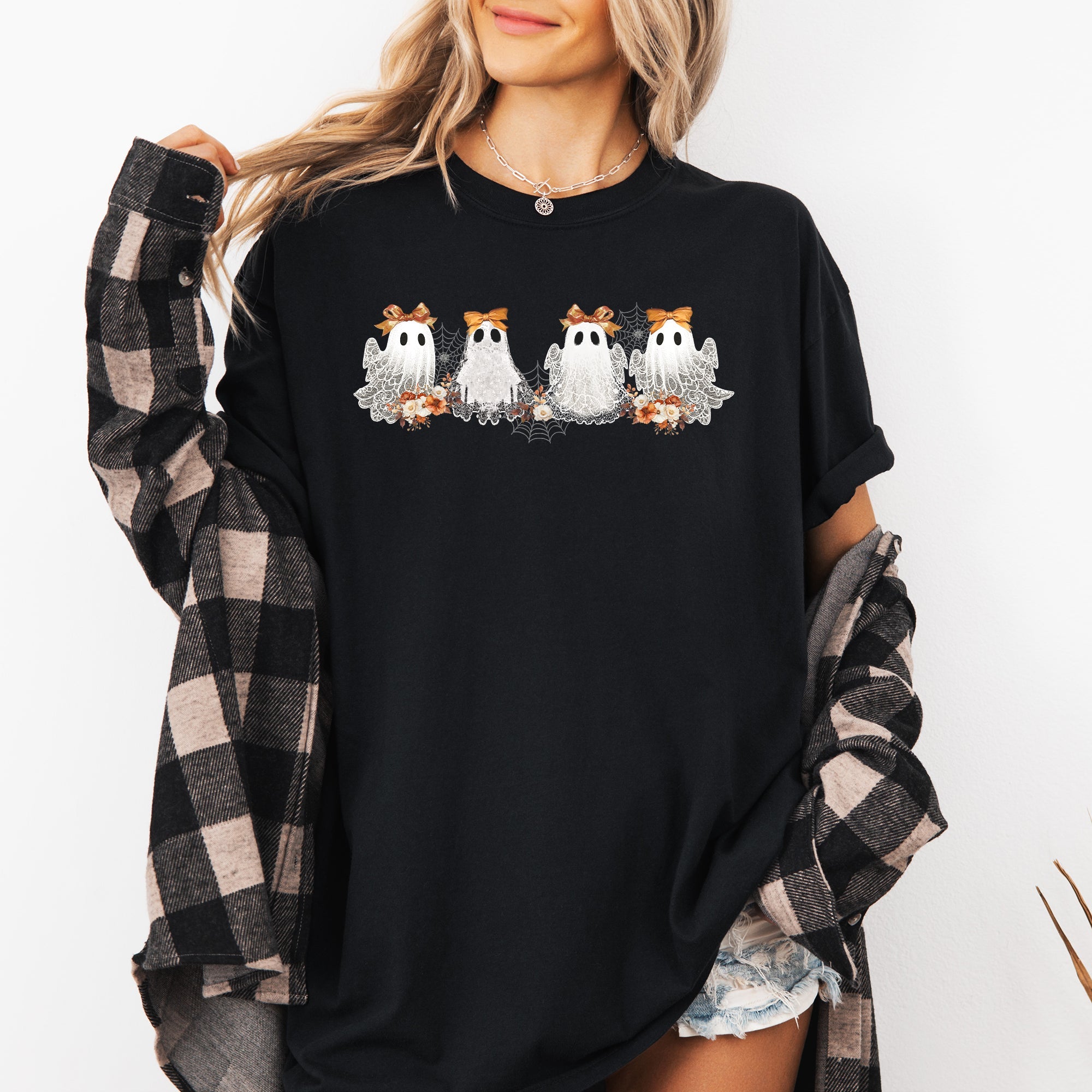 Cute Ghosts Lace Halloween Girly Coquette Bow Ribbon Spooky Night Comfort Colors Tee