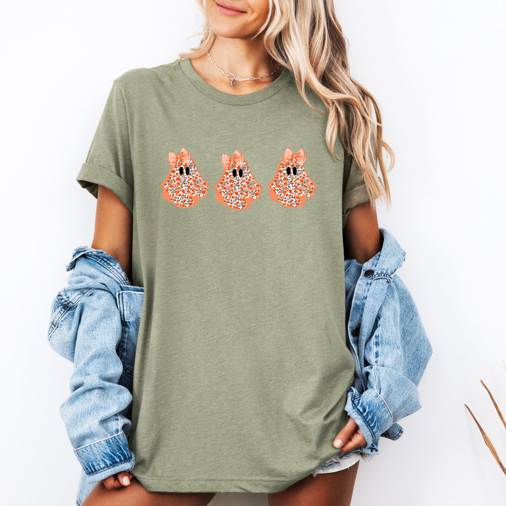 Halloween Ghosts Pattern Coquette Graphic Tee for Festive Halloween Fashion and Cozy Comfort
