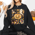 Cute Halloween Painted Pumpkin Black Cat Ghost Witch Skeleton Moonlit Night Scene Sweatshirt