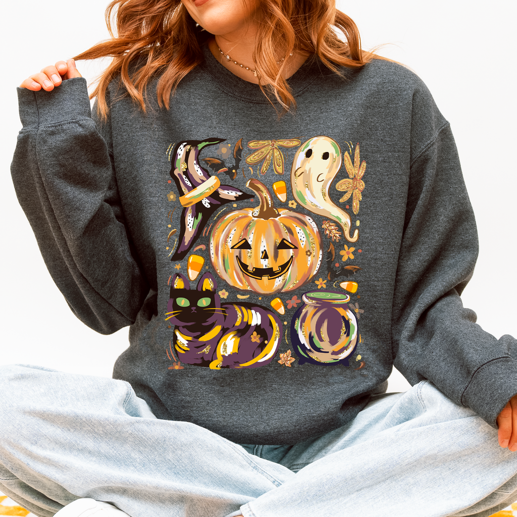 Cute Halloween Painted Pumpkin Black Cat Ghost Witch Skeleton Moonlit Night Scene Sweatshirt