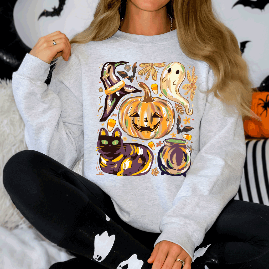 Cute Halloween Painted Pumpkin Black Cat Ghost Witch Skeleton Moonlit Night Scene Sweatshirt