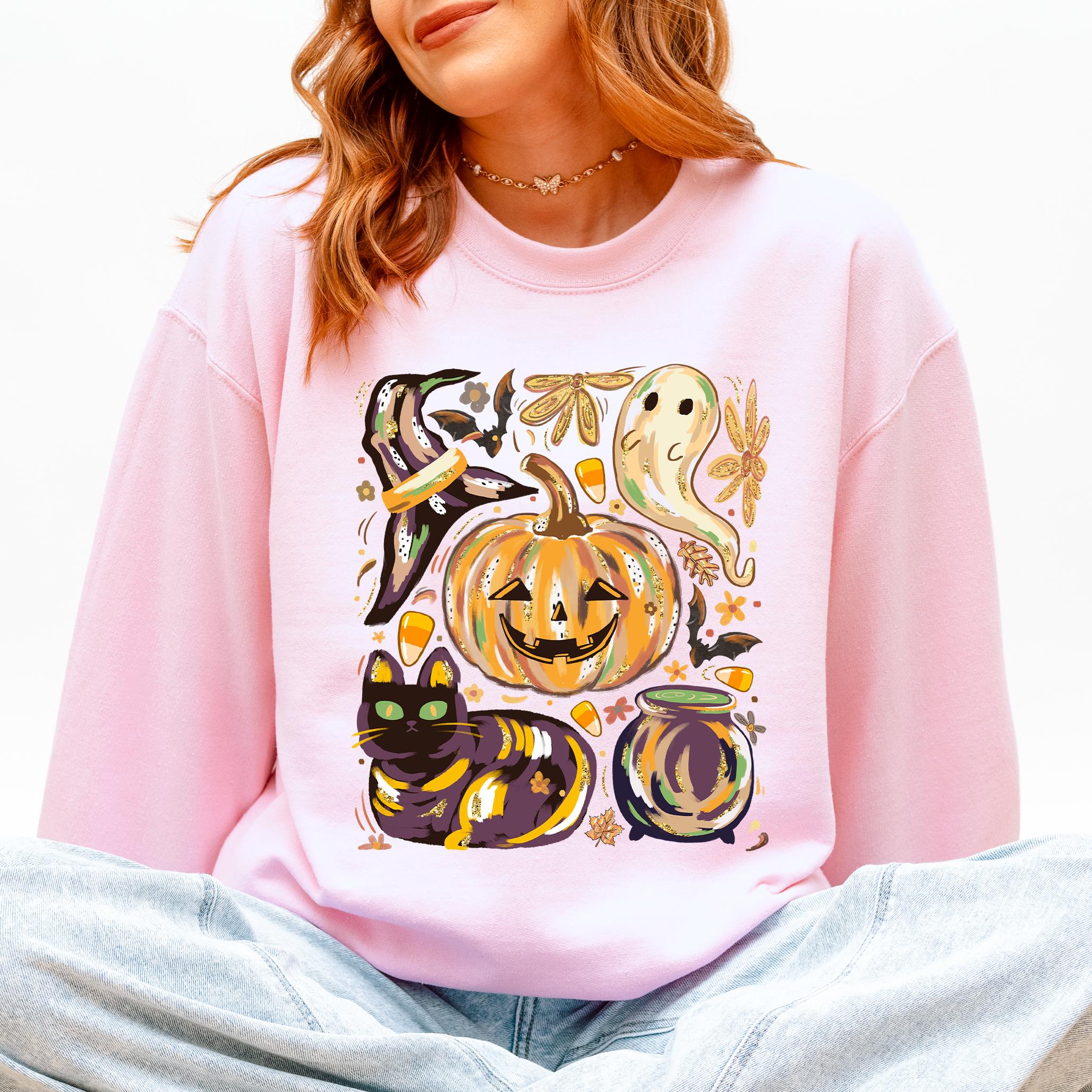 Cute Halloween Painted Pumpkin Black Cat Ghost Witch Skeleton Moonlit Night Scene Sweatshirt