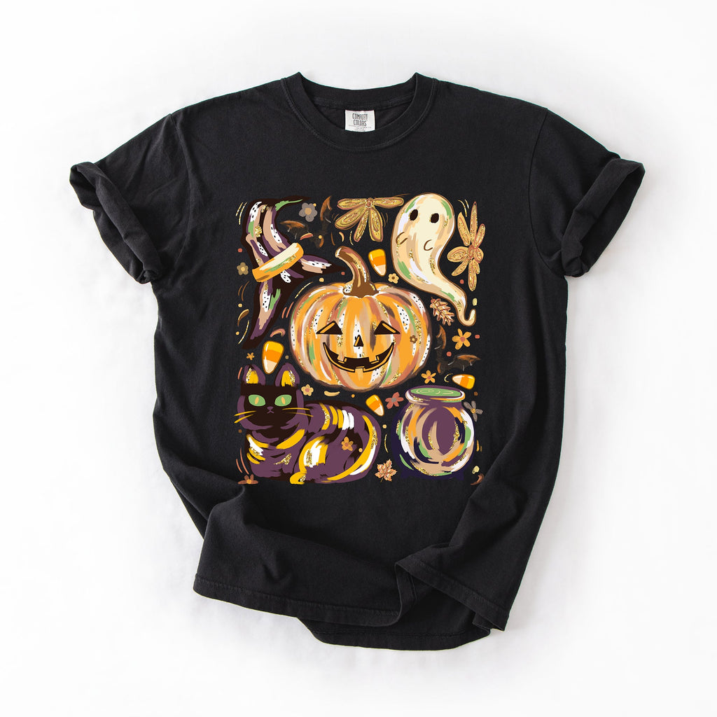 Cute Halloween Painted Pumpkin Black Cat Ghost Witch Festive Scene Comfort Colors Tee