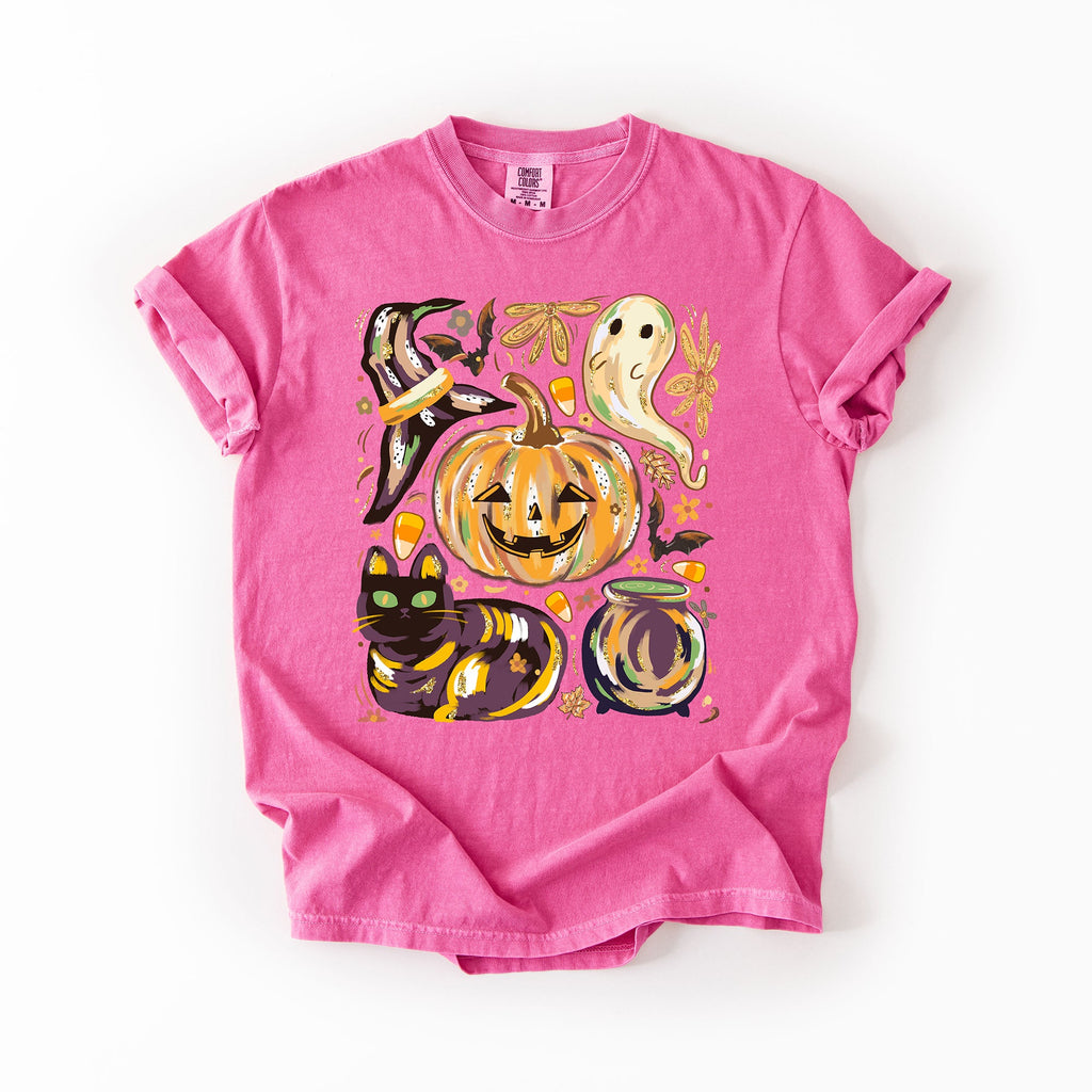 Cute Halloween Painted Pumpkin Black Cat Ghost Witch Festive Scene Comfort Colors Tee
