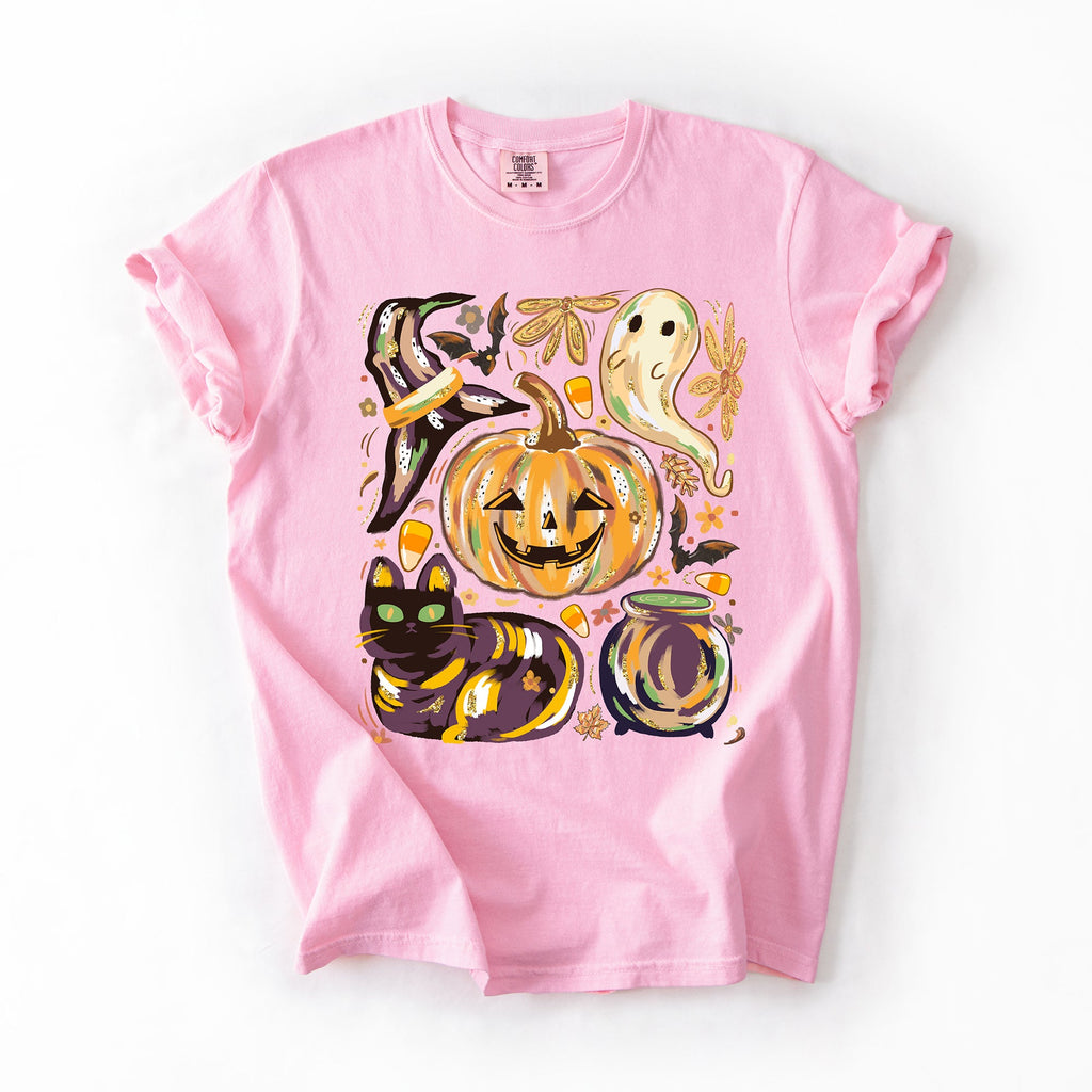 Cute Halloween Painted Pumpkin Black Cat Ghost Witch Festive Scene Comfort Colors Tee