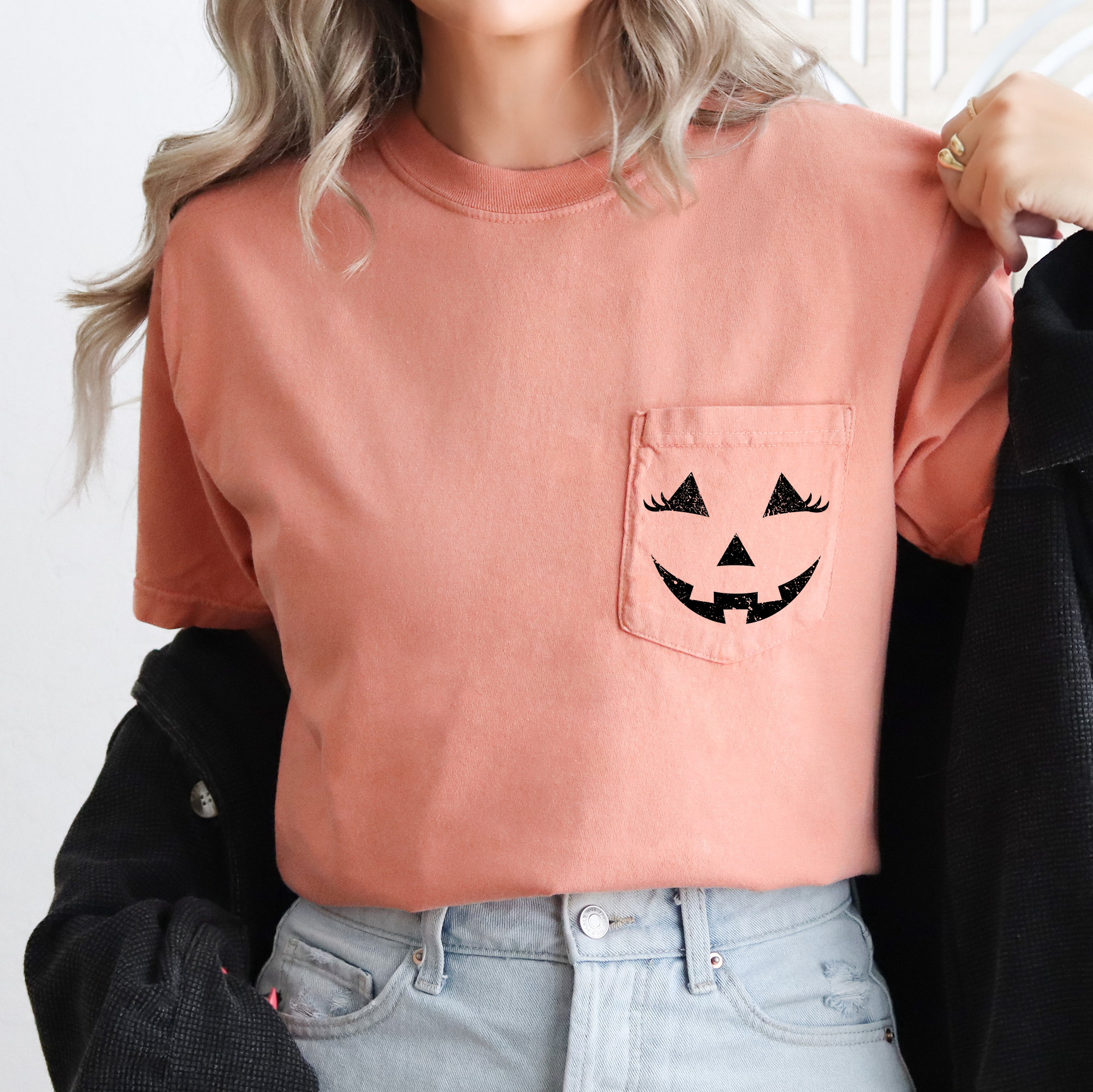 Cute Jack O Lantern Pocket Design With Whimsical Halloween Face And Cozy Autumn Vibes Comfort Colors Tee