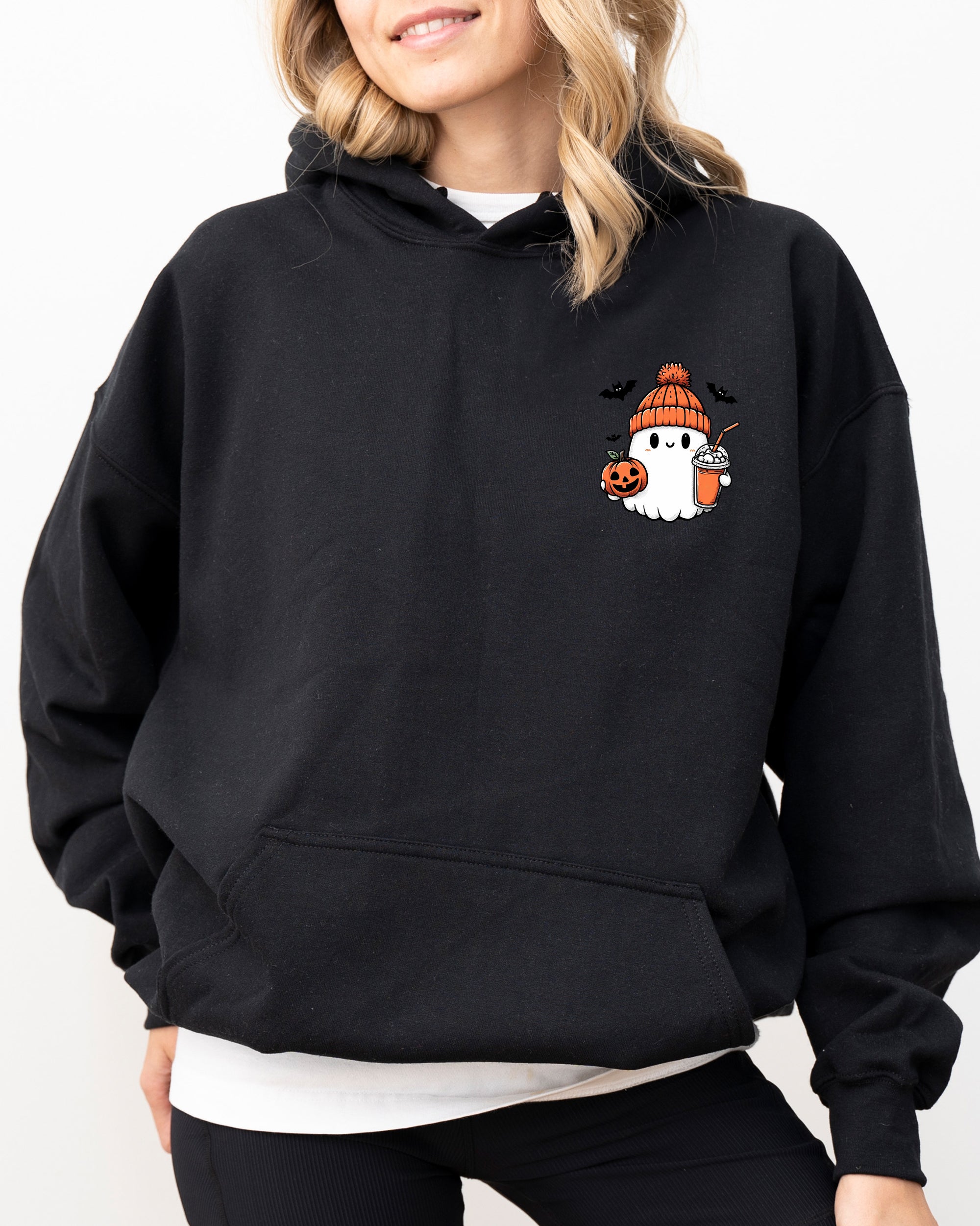Orange Ghost Pocket Print Halloween Coffee Bats Whimsical Nighttime Scene Hooded Sweatshirt