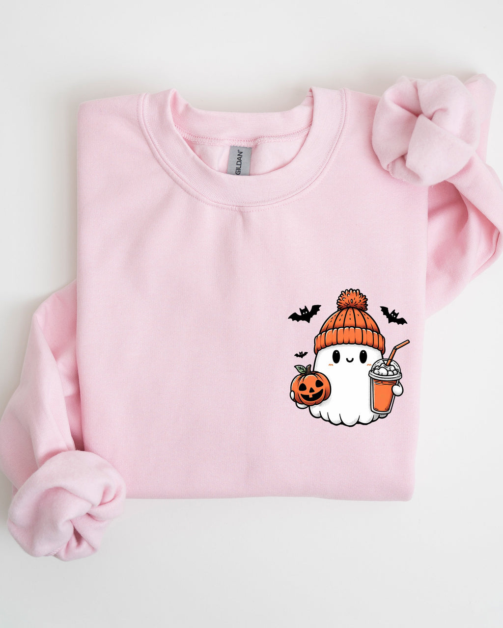 Cute Orange Ghost Pocket Print Halloween Coffee Bats Cozy Nights Adventure Cozy Autumn Spooky Mood Sweatshirt