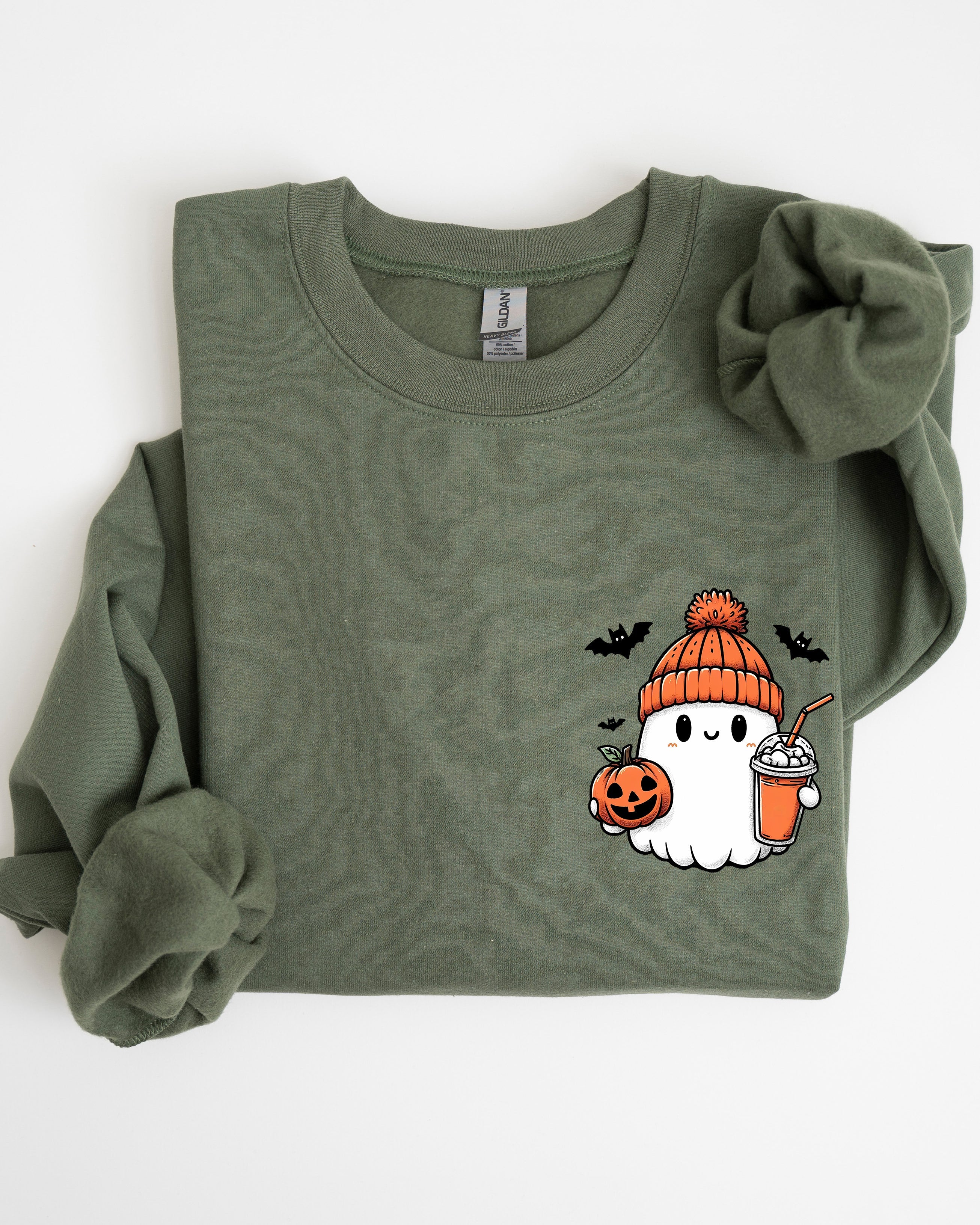 Cute Orange Ghost Pocket Print Halloween Coffee Bats Cozy Nights Adventure Cozy Autumn Spooky Mood Sweatshirt