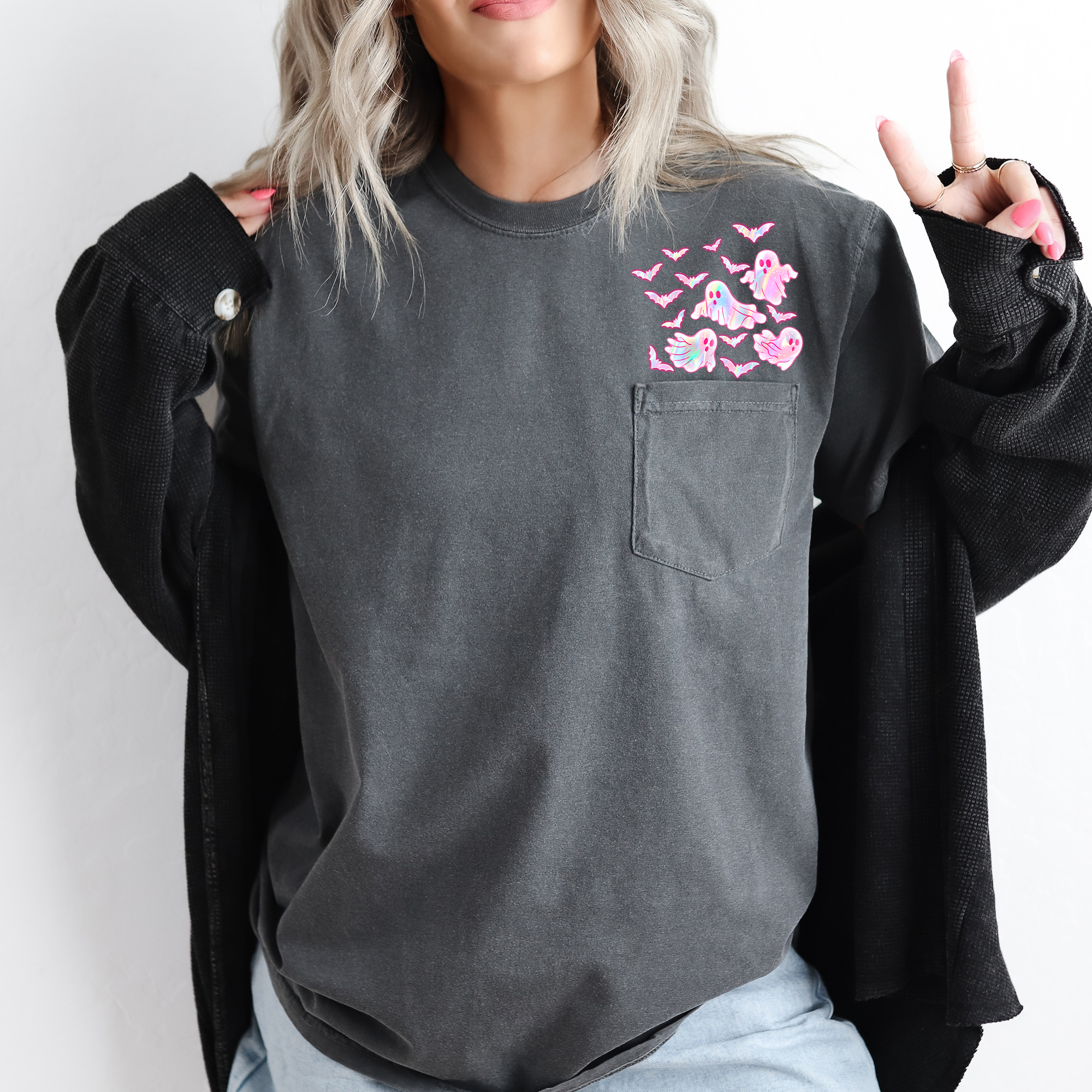 Cute Pastel Ghosts Pocket Print Halloween Night Edition Cozy Whimsical Ghost Design Comfort Colors Tee