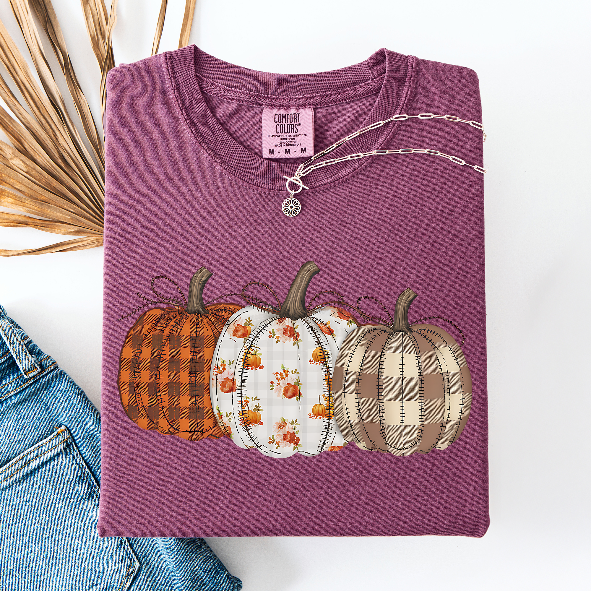 Cute Patterned Pumpkins Halloween Autumn Plaid Cozy Festive Seasonal Comfort Colors Tee