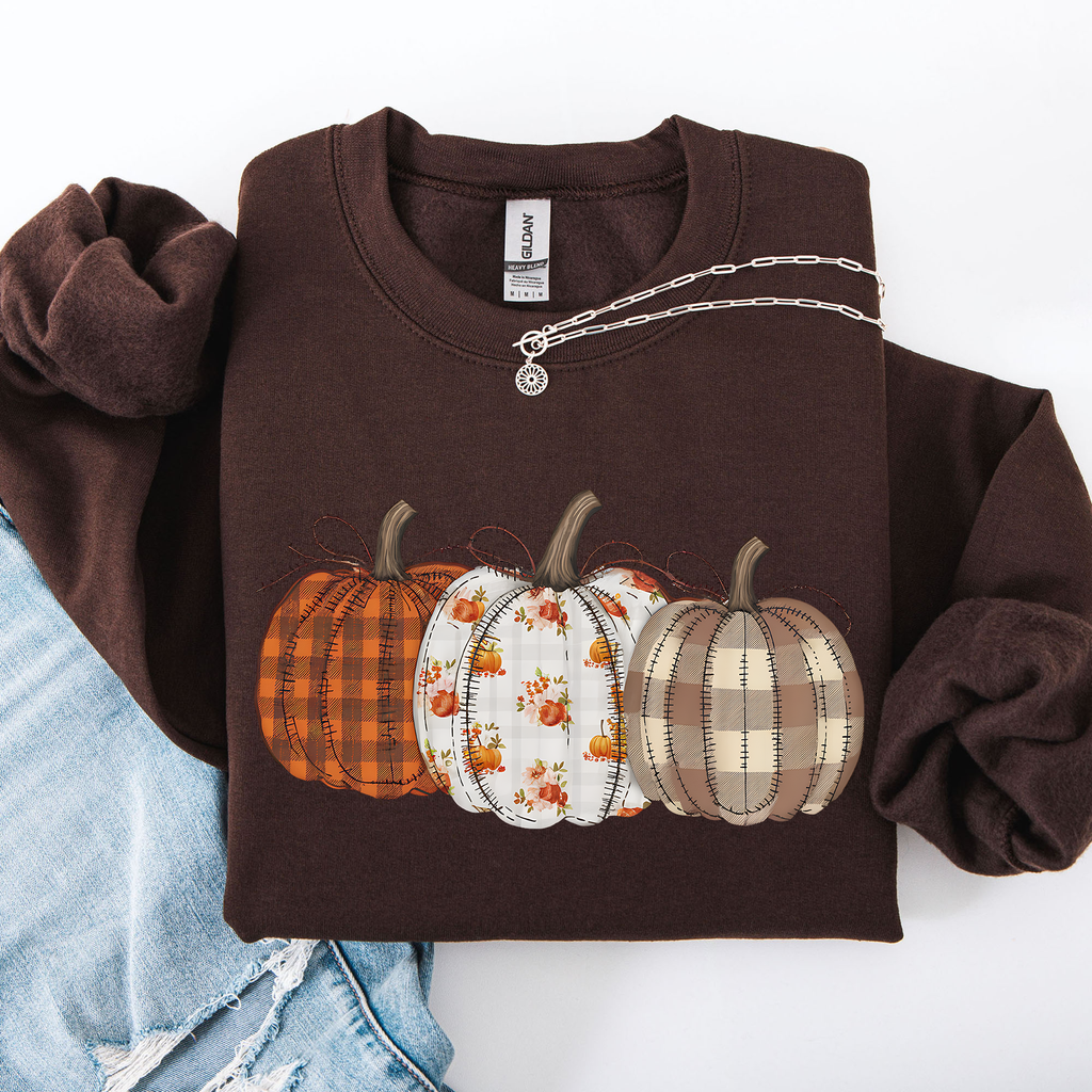 Cute Patterned Pumpkins Plaid Patchwork Print Halloween Autumn Season Edition Sweatshirt