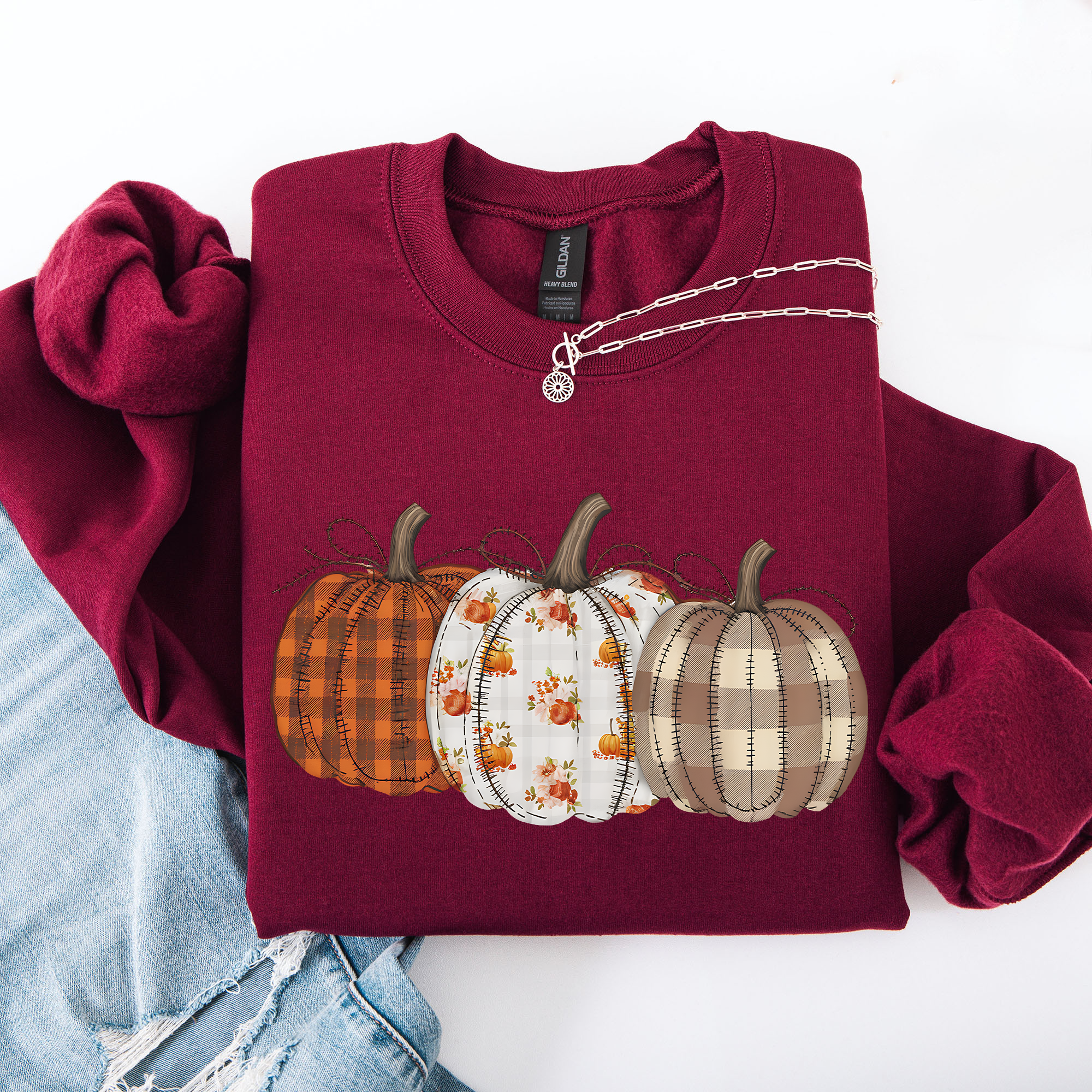 Cute Patterned Pumpkins Plaid Patchwork Print Halloween Autumn Season Edition Sweatshirt