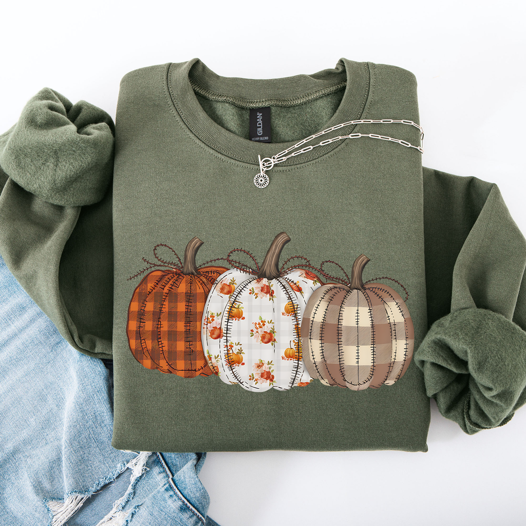 Cute Patterned Pumpkins Plaid Patchwork Print Halloween Autumn Season Edition Sweatshirt