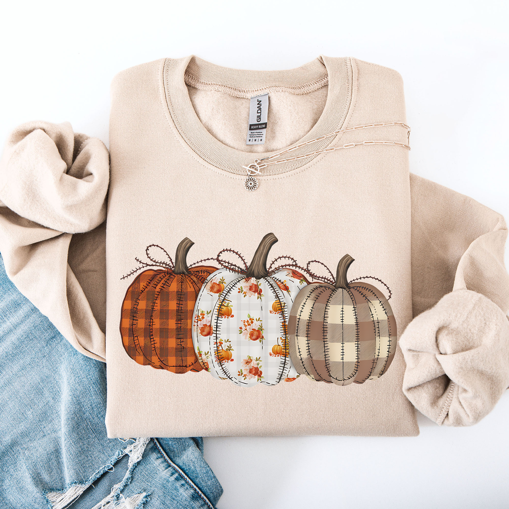 Cute Patterned Pumpkins Plaid Patchwork Print Halloween Autumn Season Edition Sweatshirt