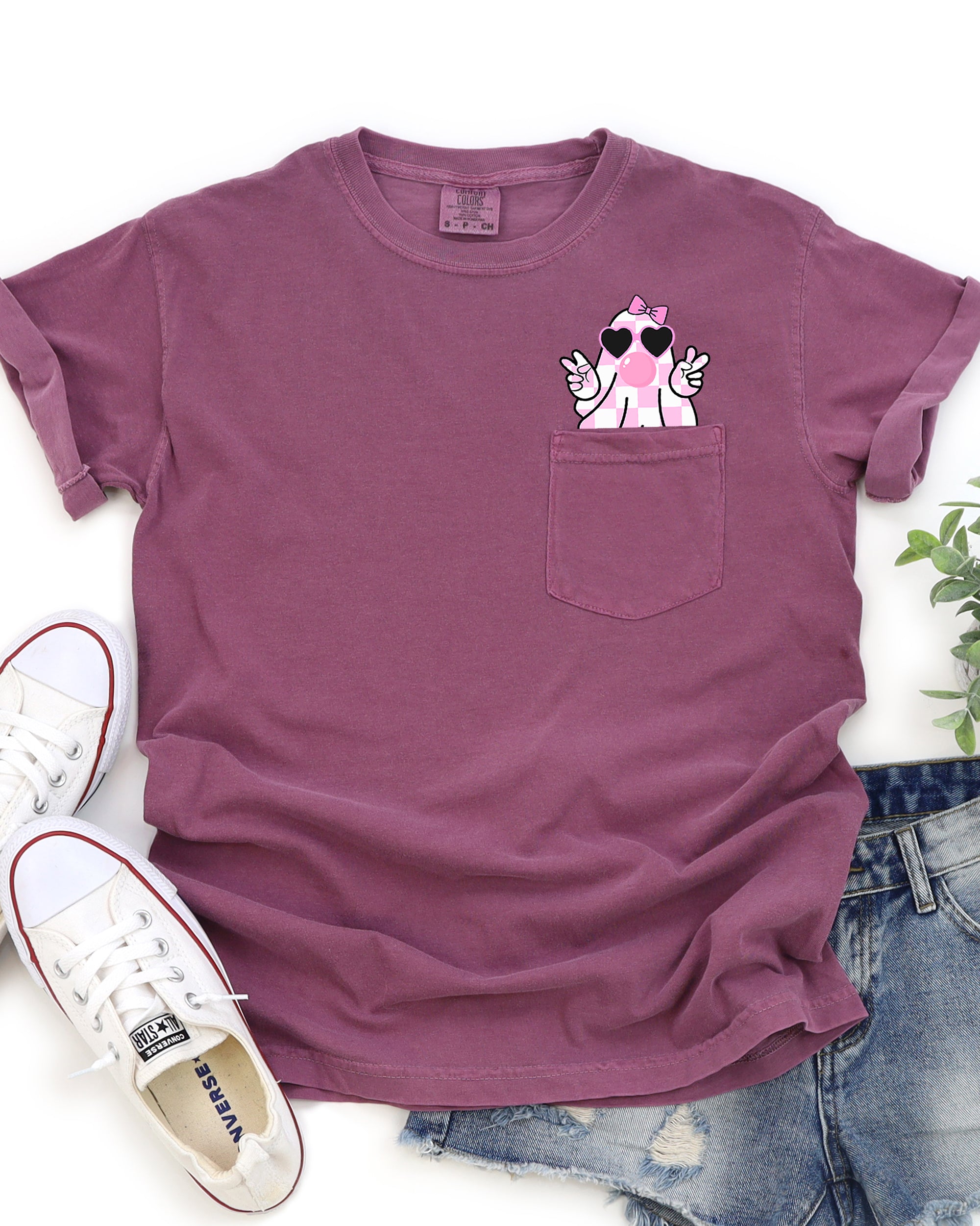 Cute Pink Bubblegum Ghost Pocket Halloween Peace Bow Ribbon Graphic Comfort Colors Tee
