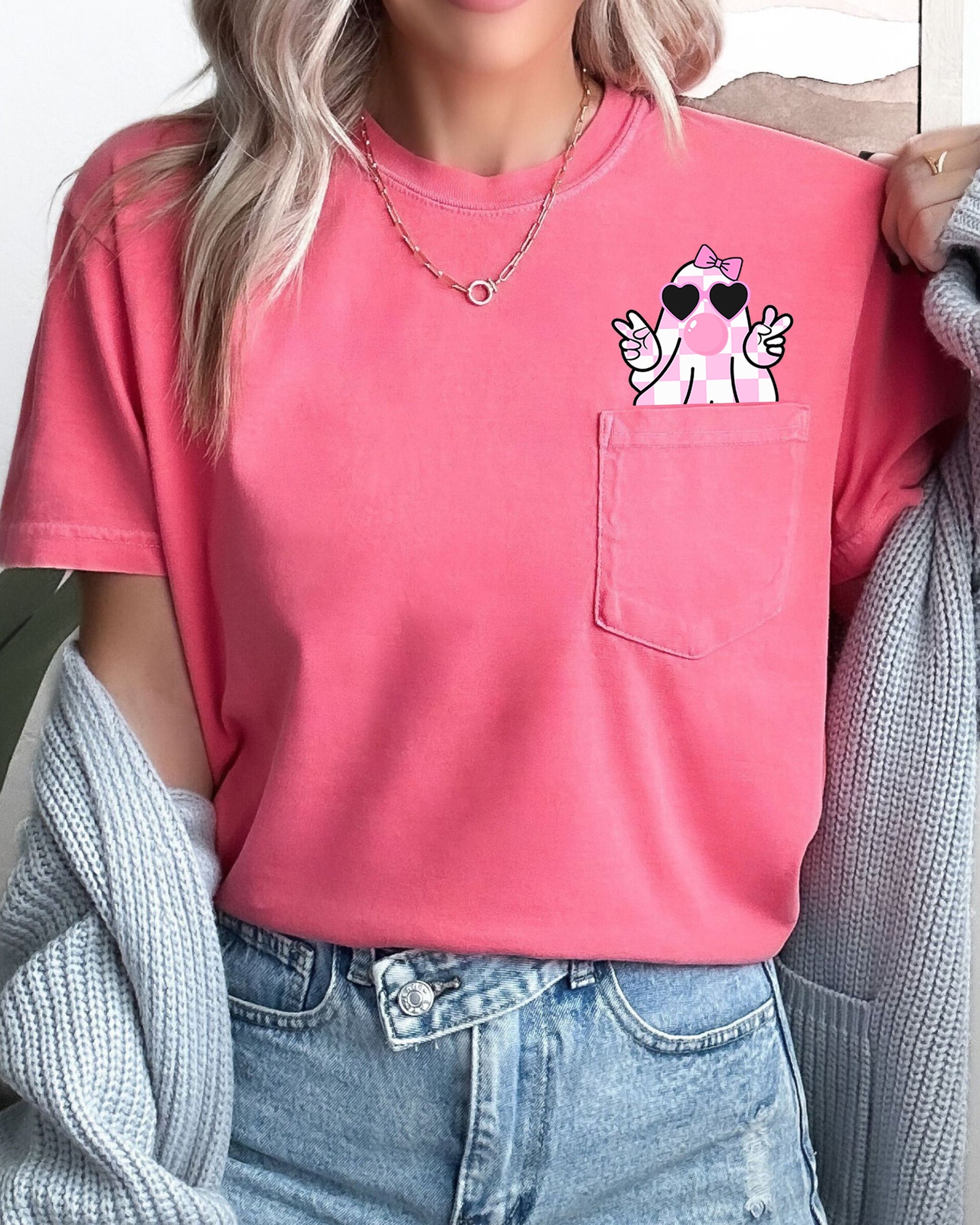 Cute Pink Bubblegum Ghost Pocket Halloween Peace Bow Ribbon Graphic Comfort Colors Tee