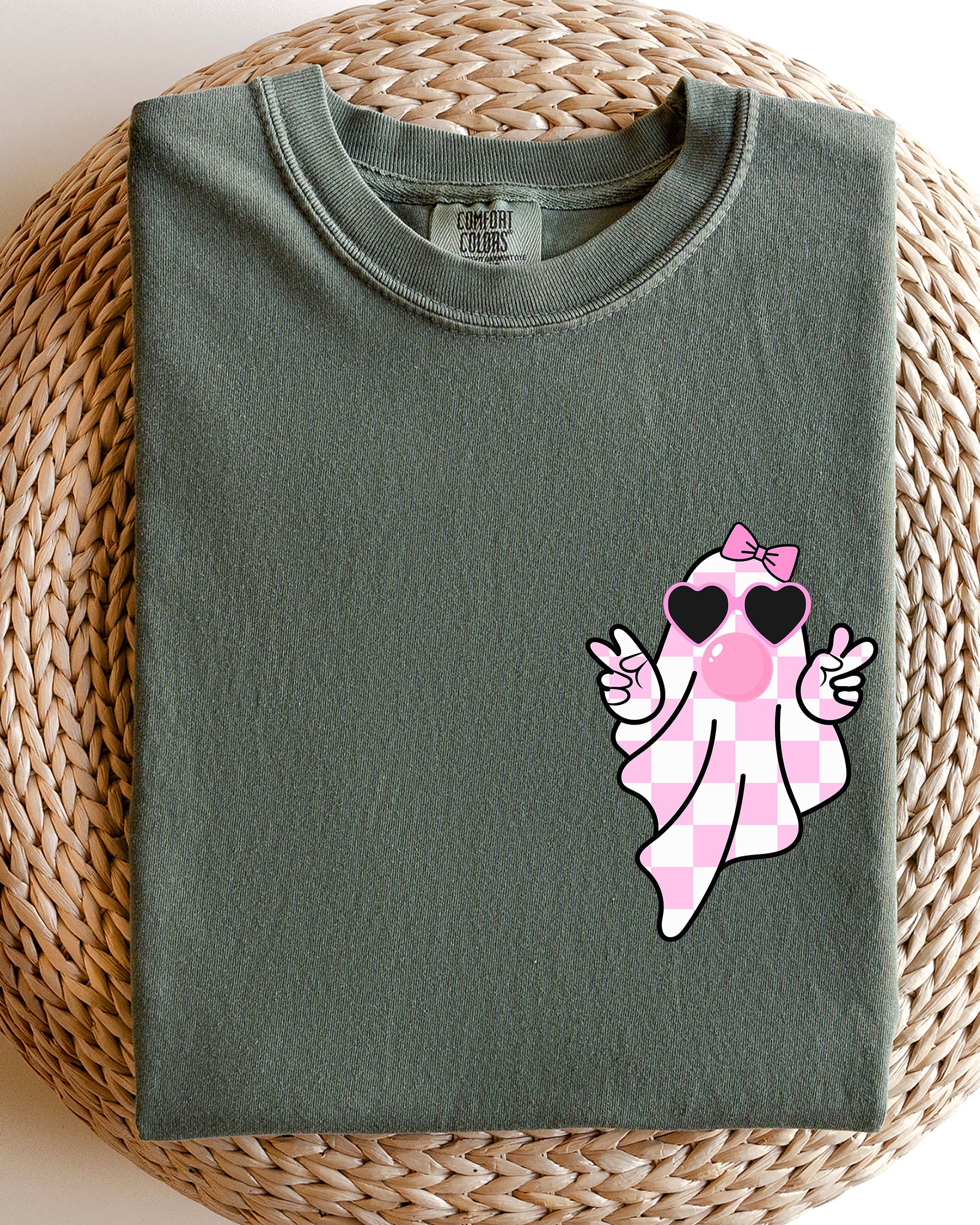 Cute Pink Bubblegum Ghost Pocket Print Halloween Peace Bow Ribbon Comfort Colors Tee