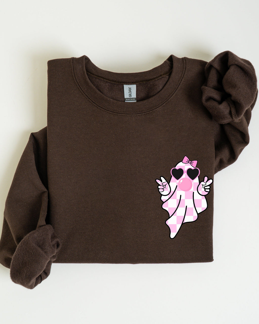 Cute Pink Bubblegum Ghost Pocket Print Halloween Peace Bow Ribbon Cozy Sweatshirt