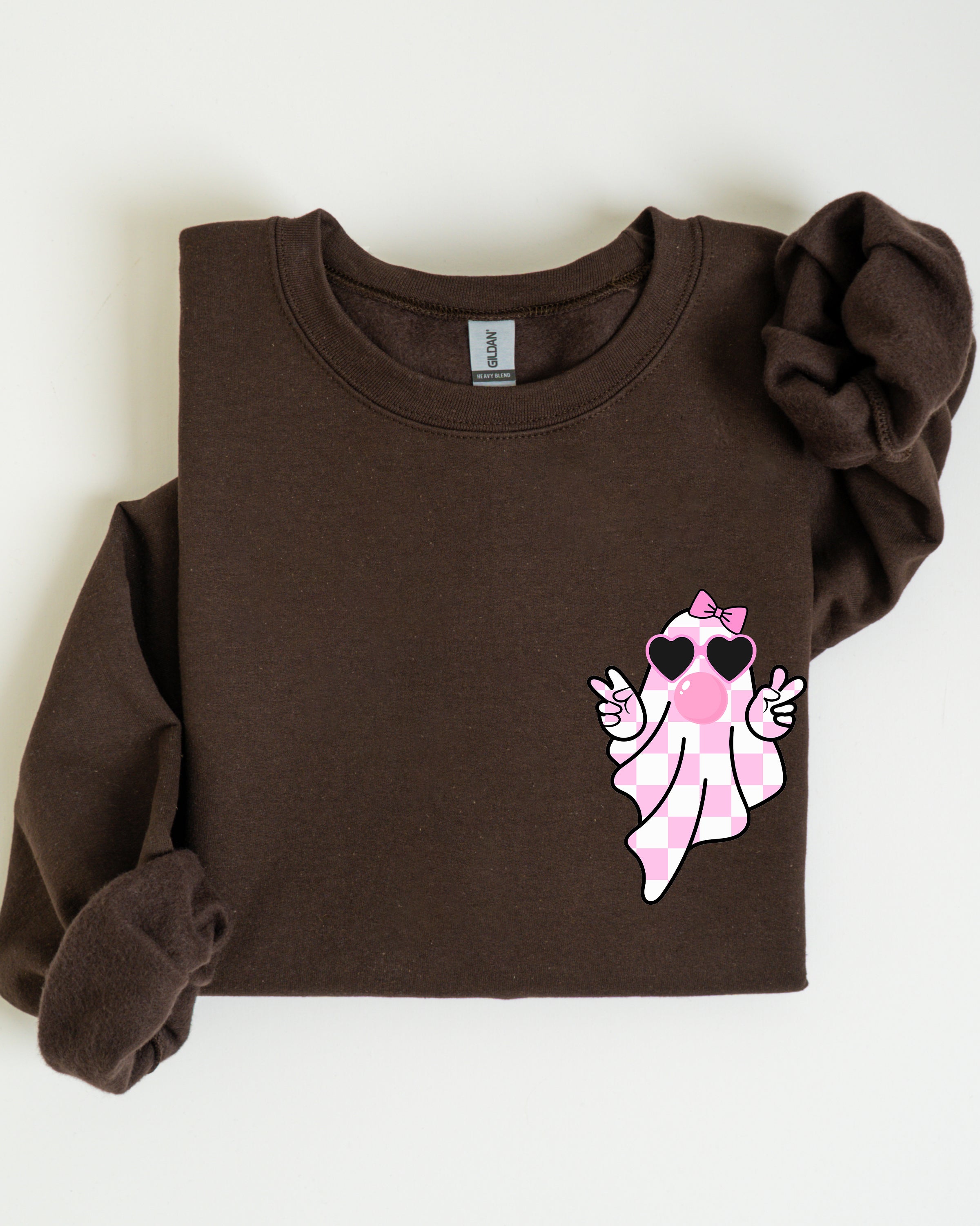 Cute Pink Bubblegum Ghost Pocket Print Halloween Peace Bow Ribbon Cozy Sweatshirt