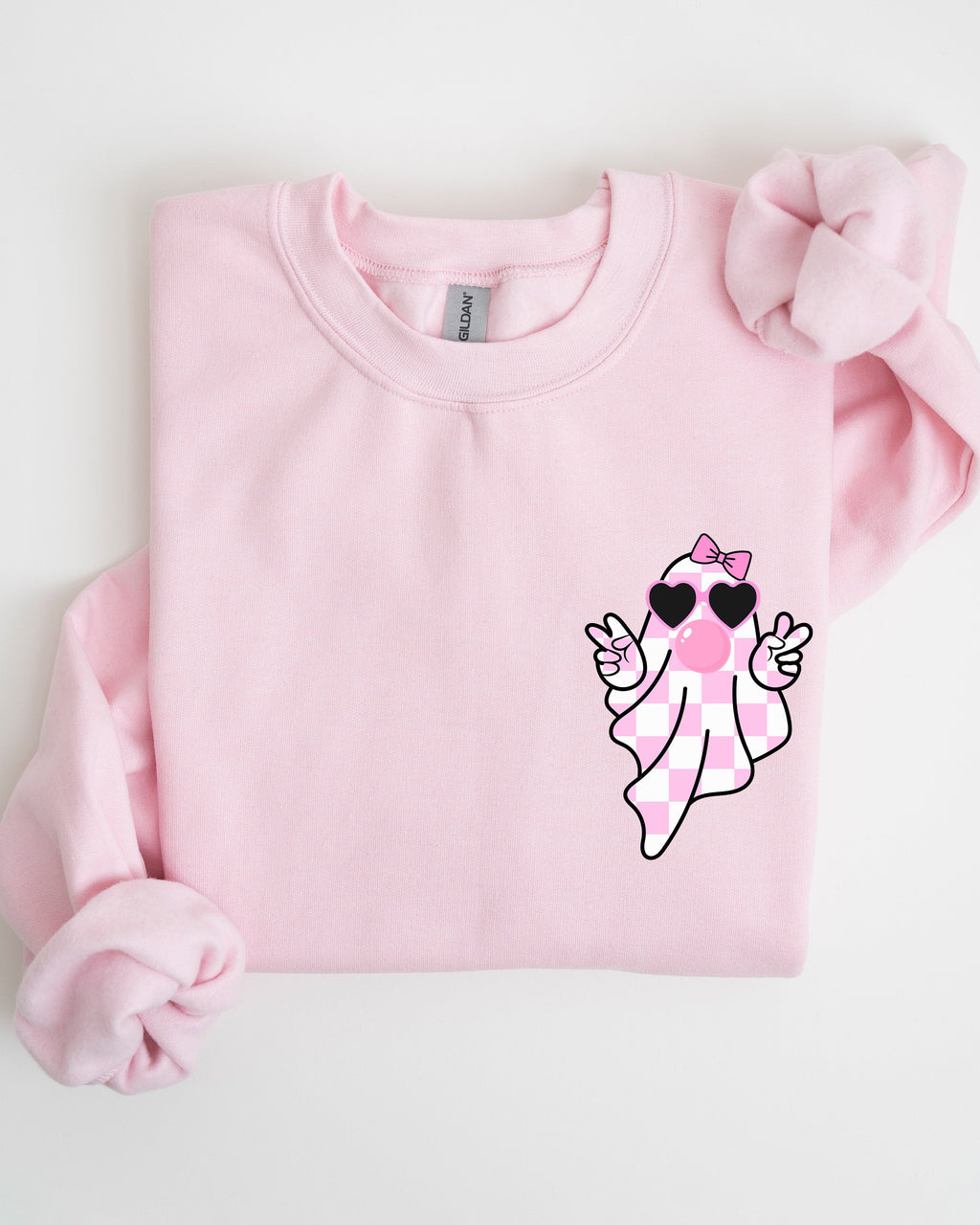 Cute Pink Bubblegum Ghost Pocket Print Halloween Peace Bow Ribbon Cozy Sweatshirt