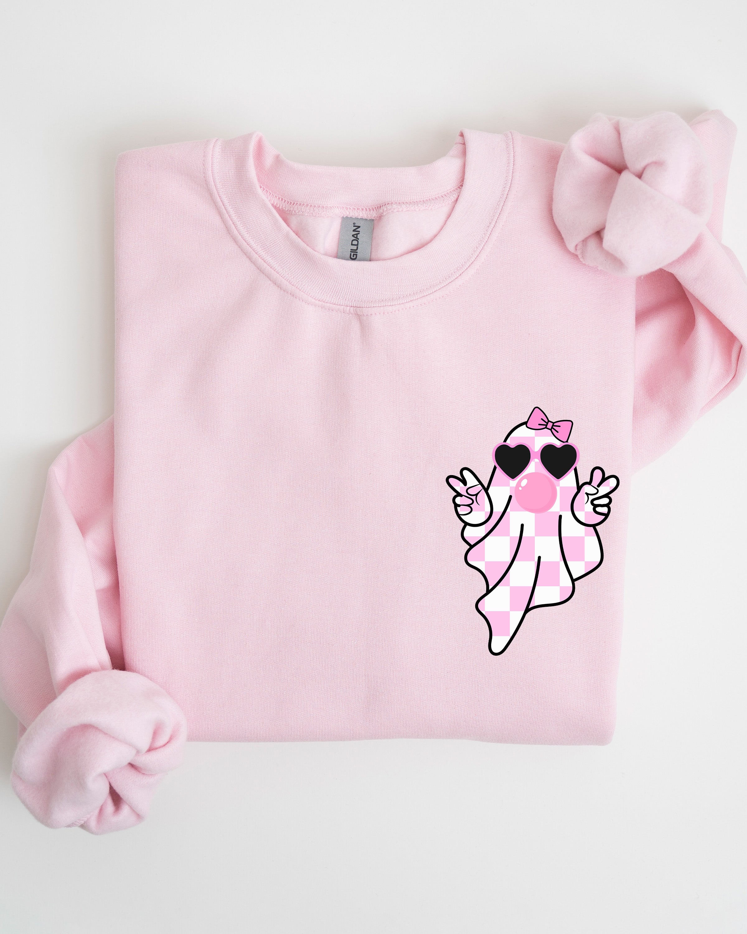 Cute Pink Bubblegum Ghost Pocket Print Halloween Peace Bow Ribbon Cozy Sweatshirt