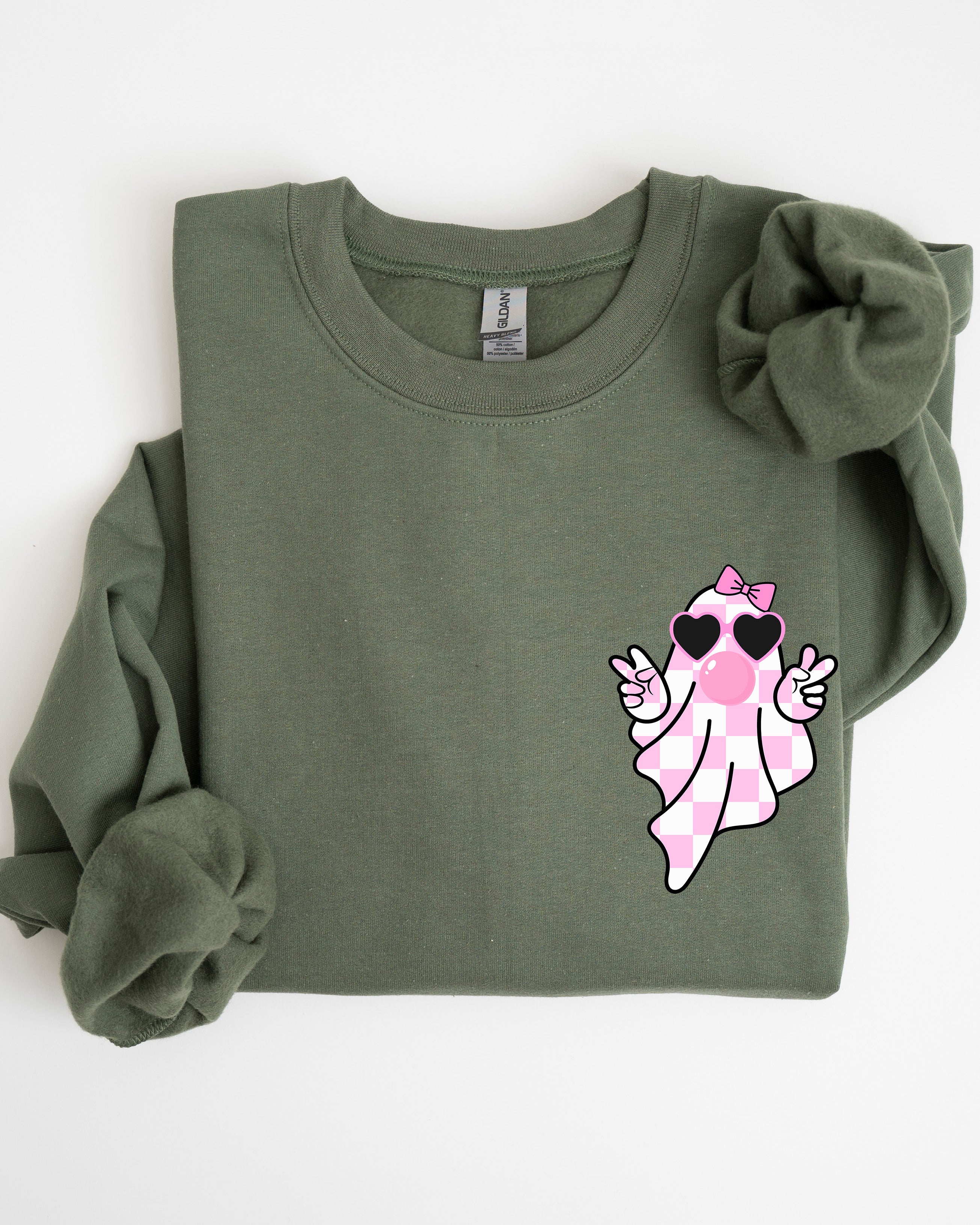 Cute Pink Bubblegum Ghost Pocket Print Halloween Peace Bow Ribbon Cozy Sweatshirt