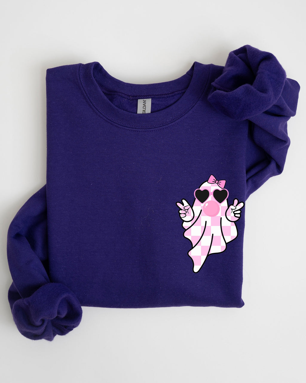 Cute Pink Bubblegum Ghost Pocket Print Halloween Peace Bow Ribbon Cozy Sweatshirt