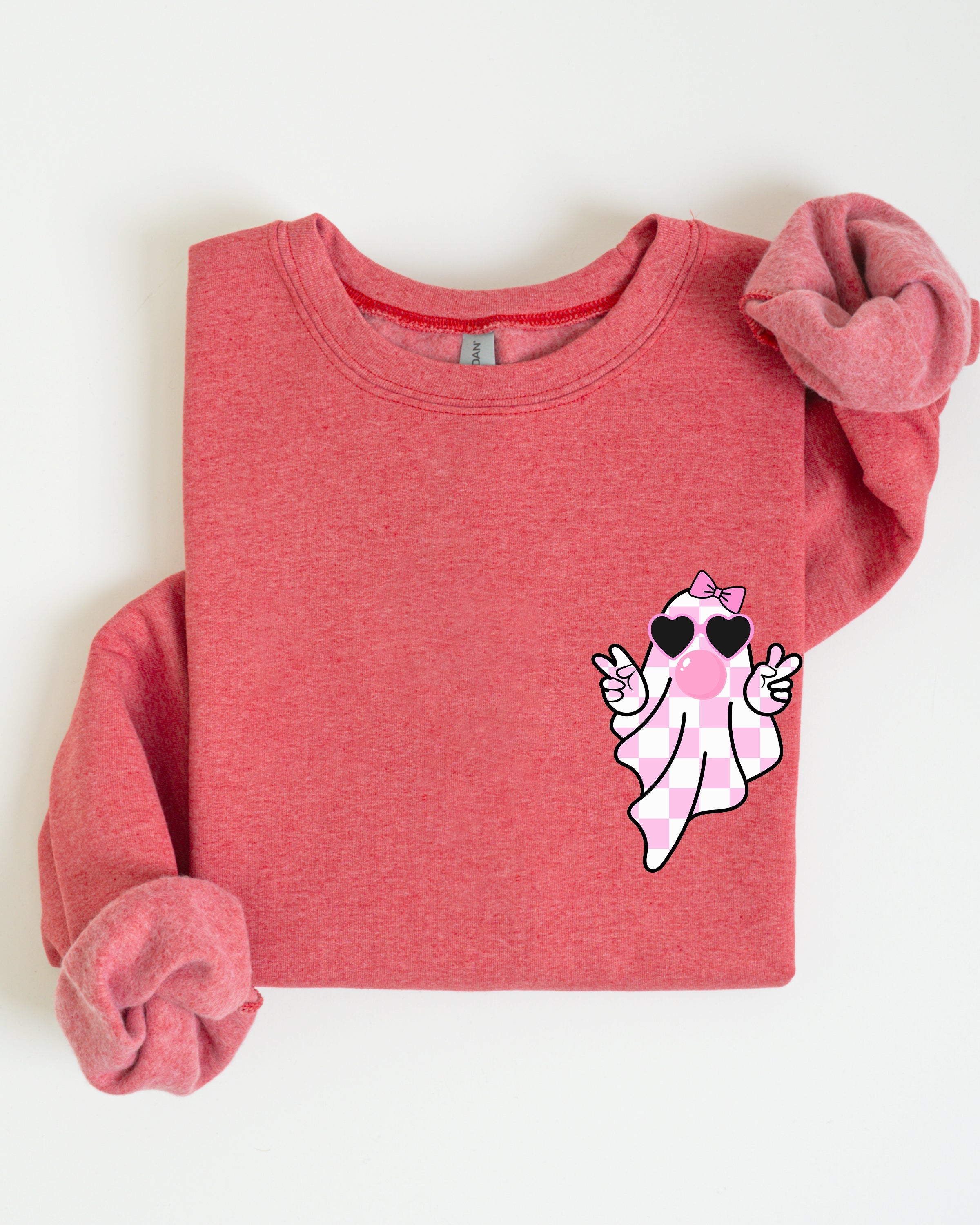 Cute Pink Bubblegum Ghost Pocket Print Halloween Peace Bow Ribbon Cozy Sweatshirt