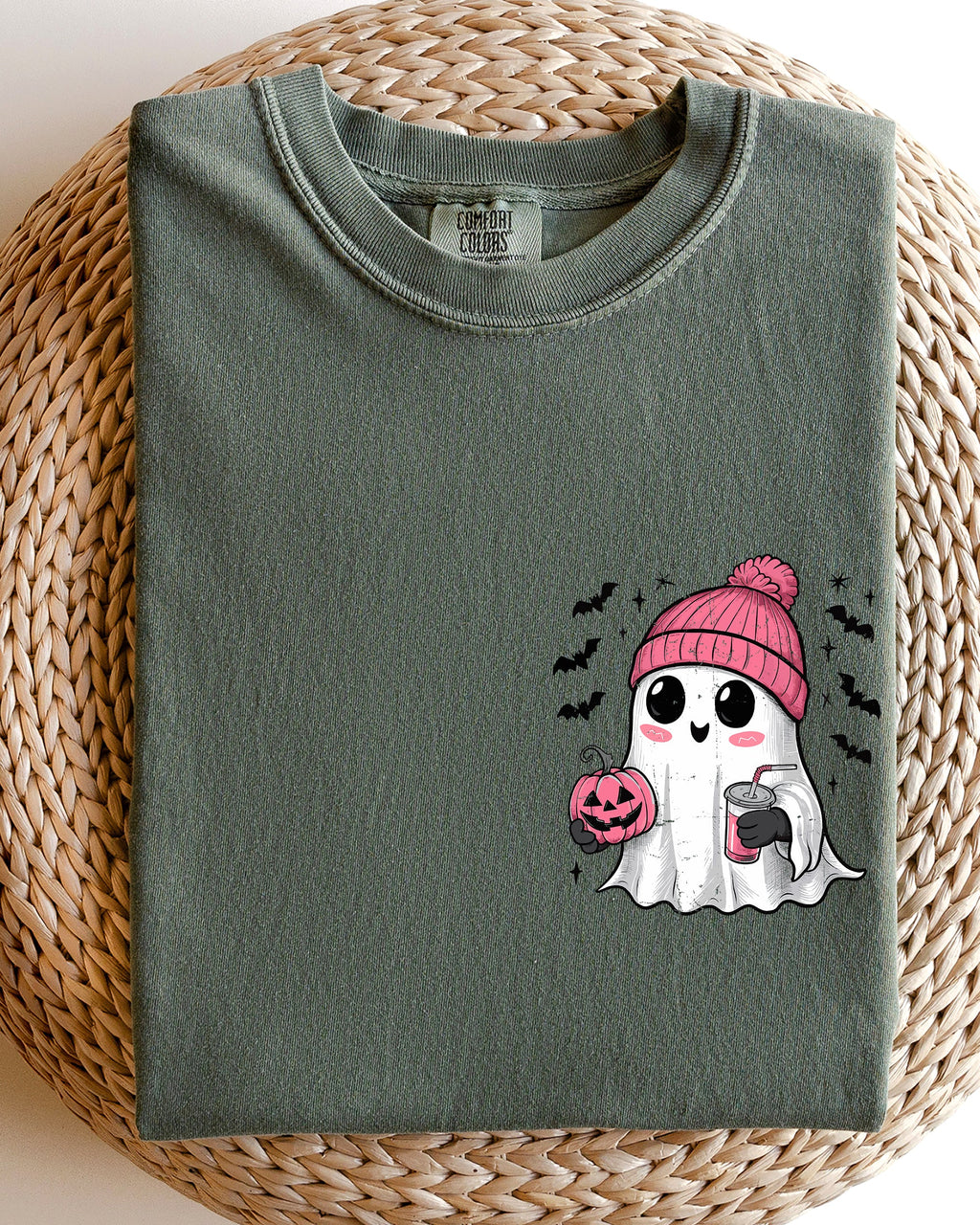 Cute Pink Ghost Pocket Print Halloween Coffee Bats Classic October Night Scene Comfort Colors Tee