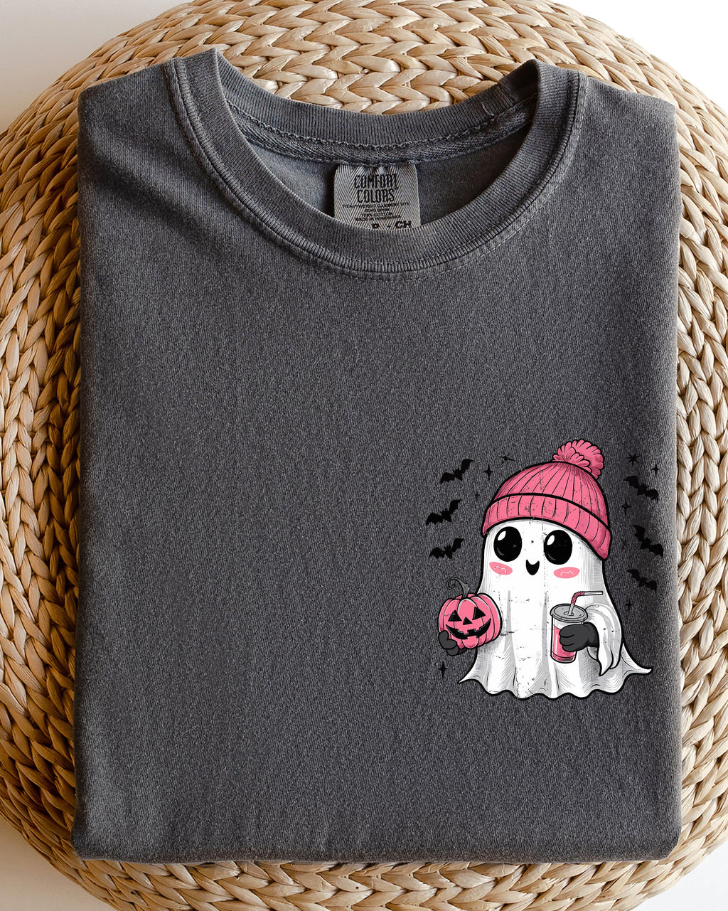 Cute Pink Ghost Pocket Print Halloween Coffee Bats Classic October Night Scene Comfort Colors Tee
