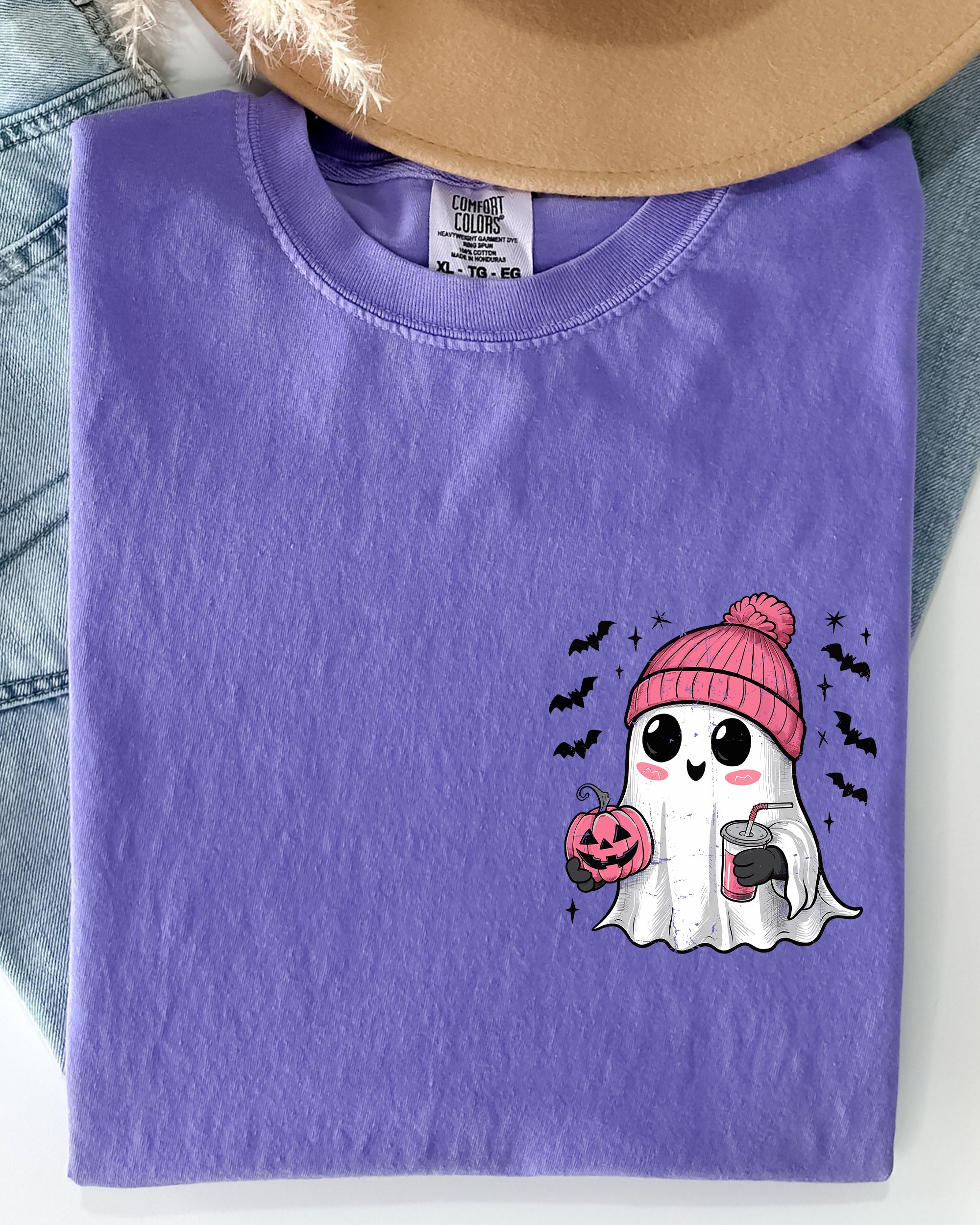 Cute Pink Ghost Pocket Print Halloween Coffee Bats Classic October Night Scene Comfort Colors Tee