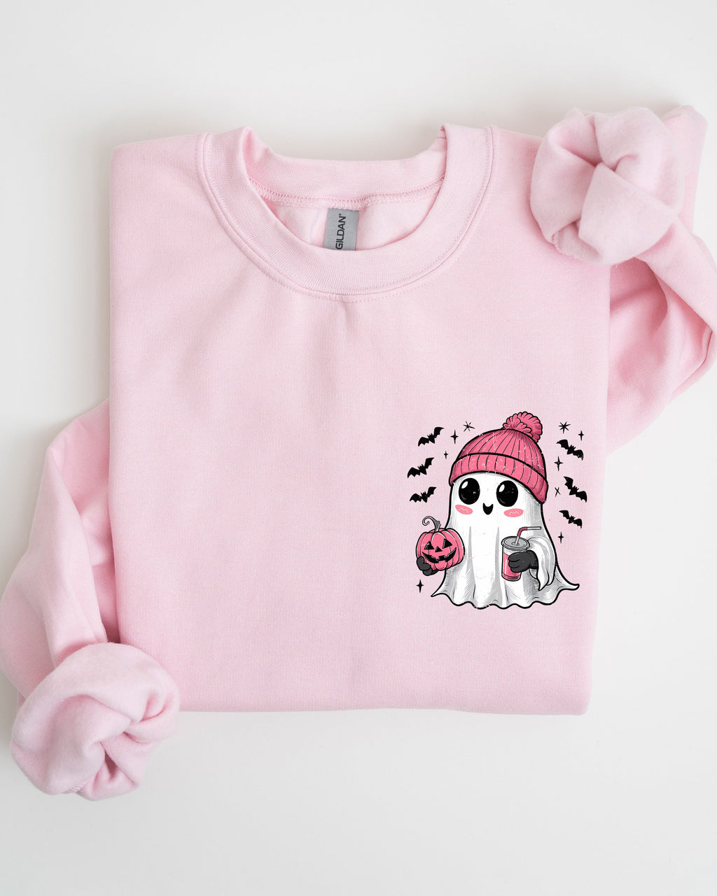 Cute Pink Ghost Pocket Print Halloween Coffee Bats Cozy Fall Seasonal Sweatshirt