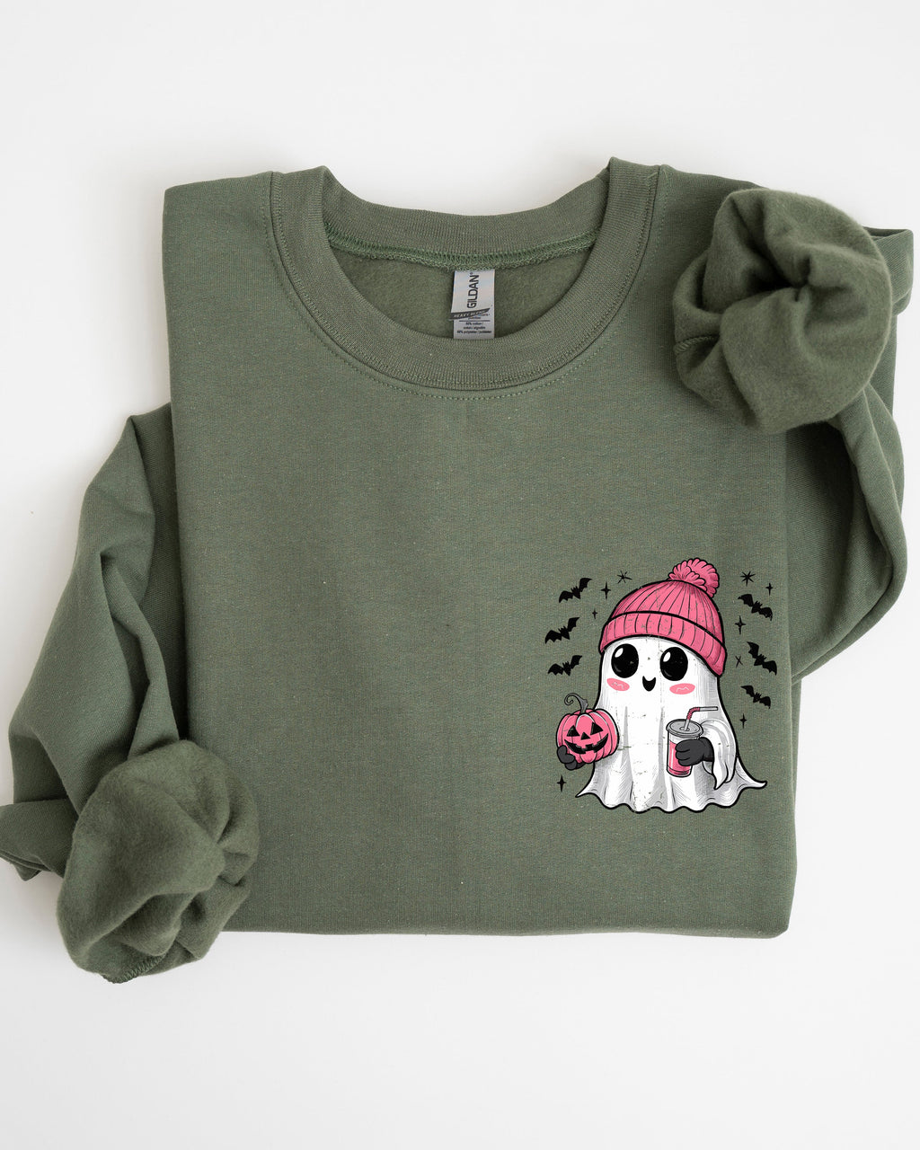 Cute Pink Ghost Pocket Print Halloween Coffee Bats Cozy Fall Seasonal Sweatshirt