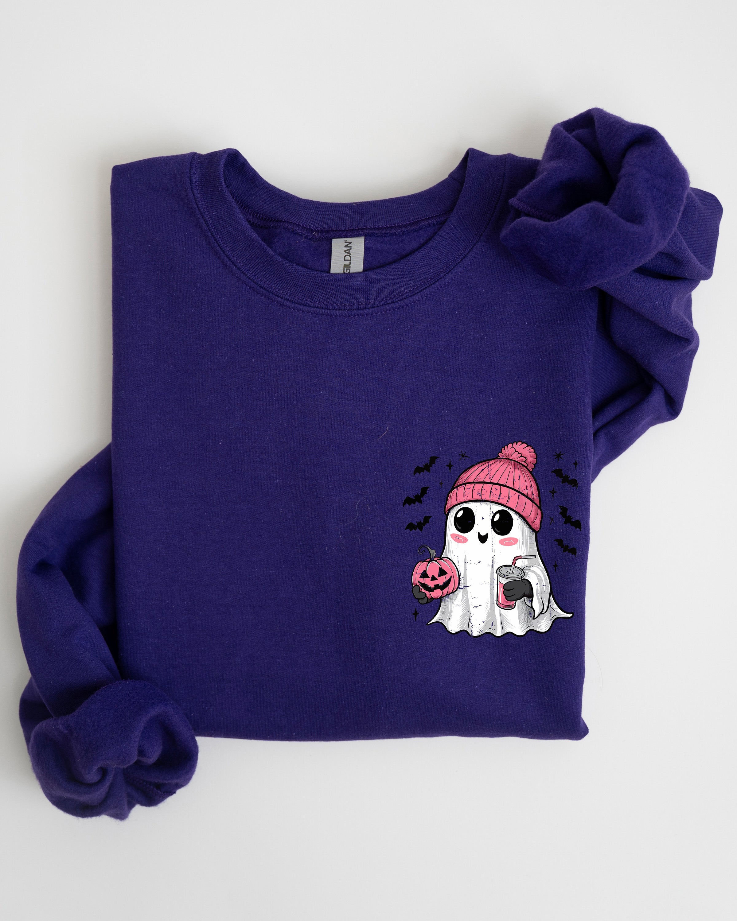 Cute Pink Ghost Pocket Print Halloween Coffee Bats Cozy Fall Seasonal Sweatshirt