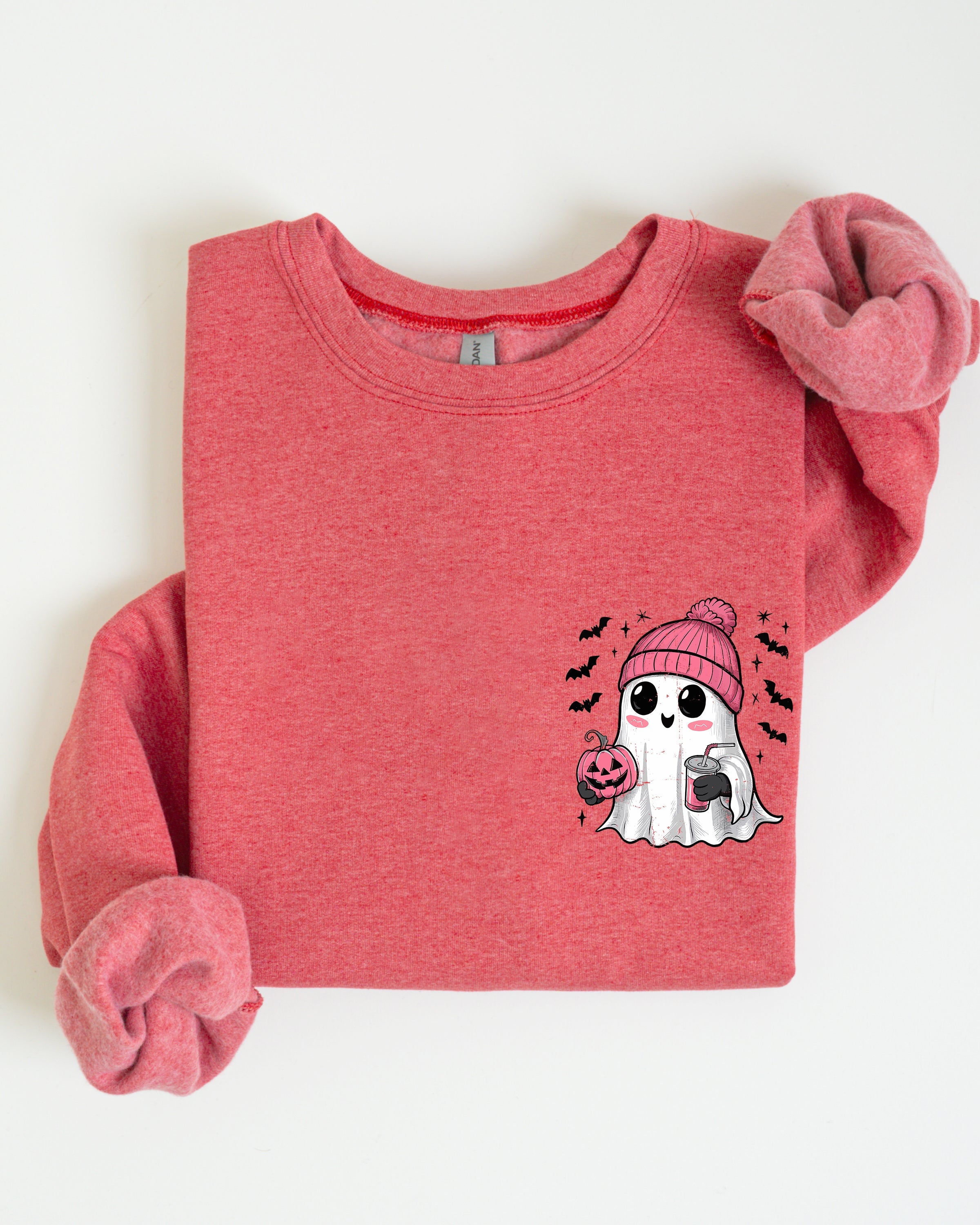 Cute Pink Ghost Pocket Print Halloween Coffee Bats Cozy Fall Seasonal Sweatshirt