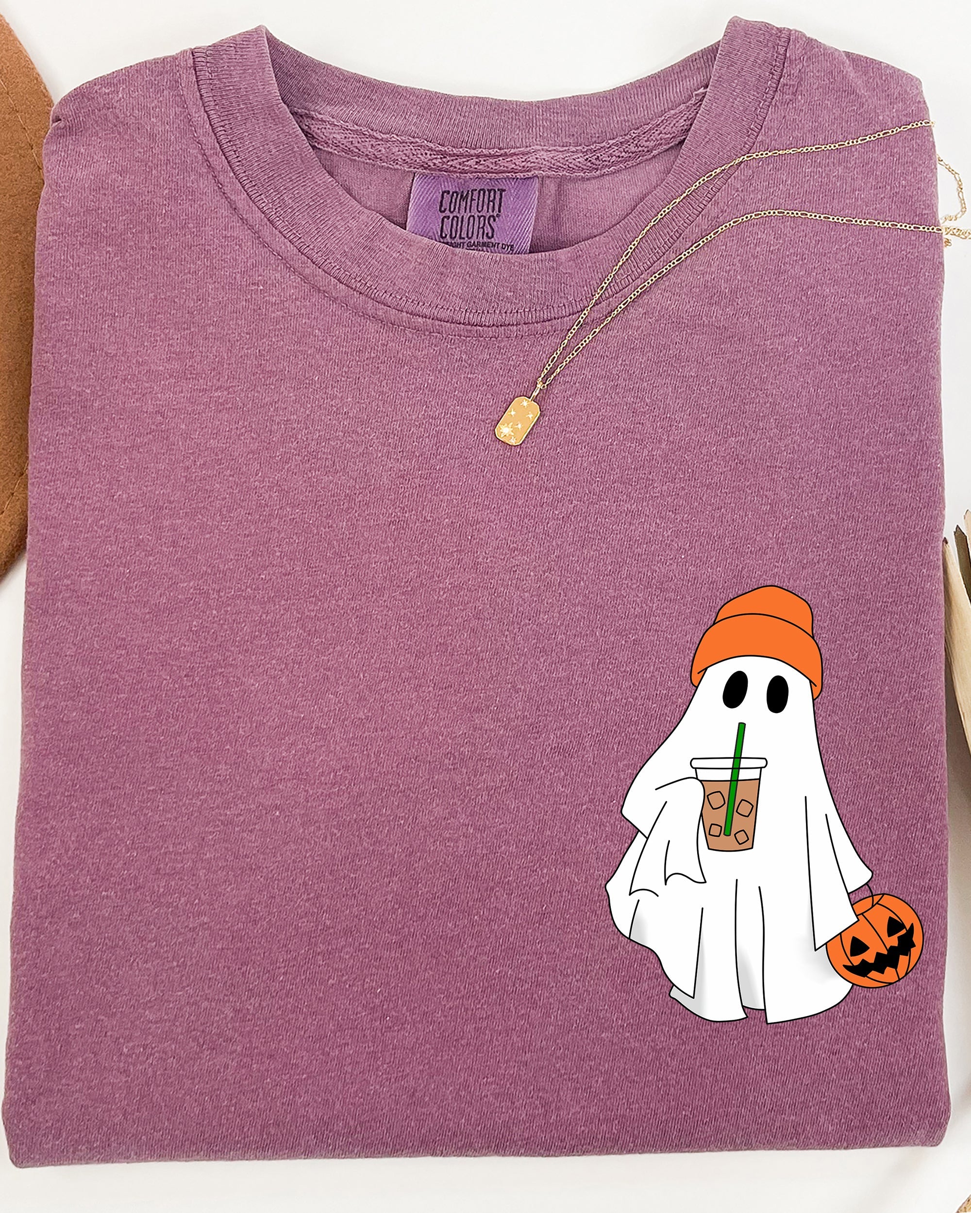 Cute Skater Ghost Pocket Print Halloween Trick Or Treat Coffee Lover Edition Comfort Colors Tee