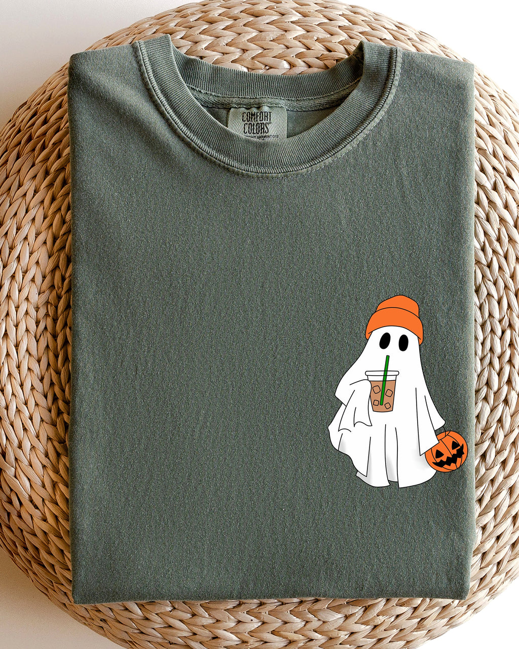 Cute Skater Ghost Pocket Print Halloween Trick Or Treat Coffee Lover Edition Comfort Colors Tee