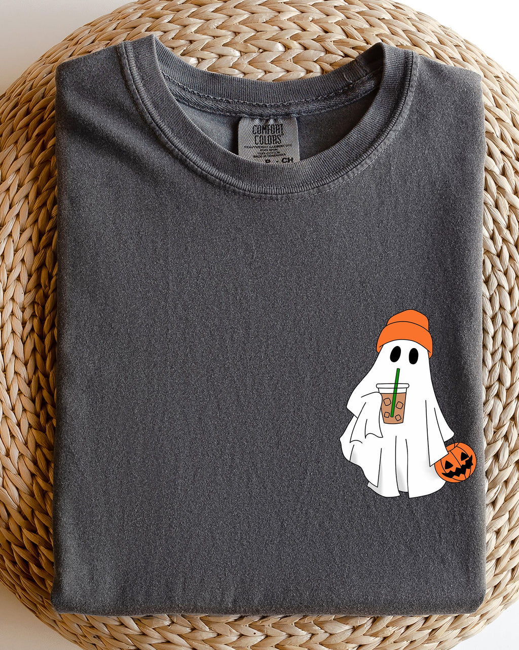 Cute Skater Ghost Pocket Print Halloween Trick Or Treat Coffee Lover Edition Comfort Colors Tee