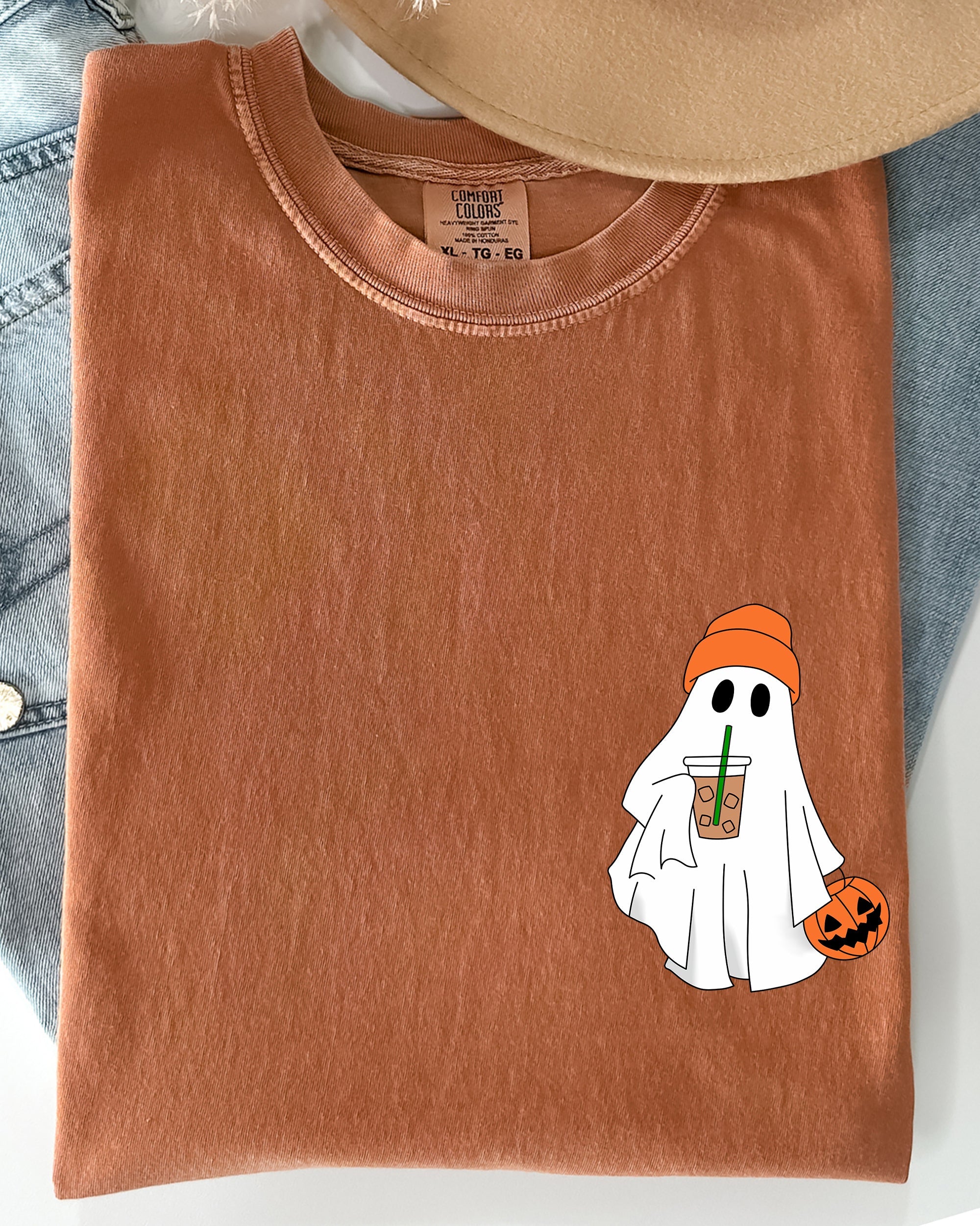 Cute Skater Ghost Pocket Print Halloween Trick Or Treat Coffee Lover Edition Comfort Colors Tee