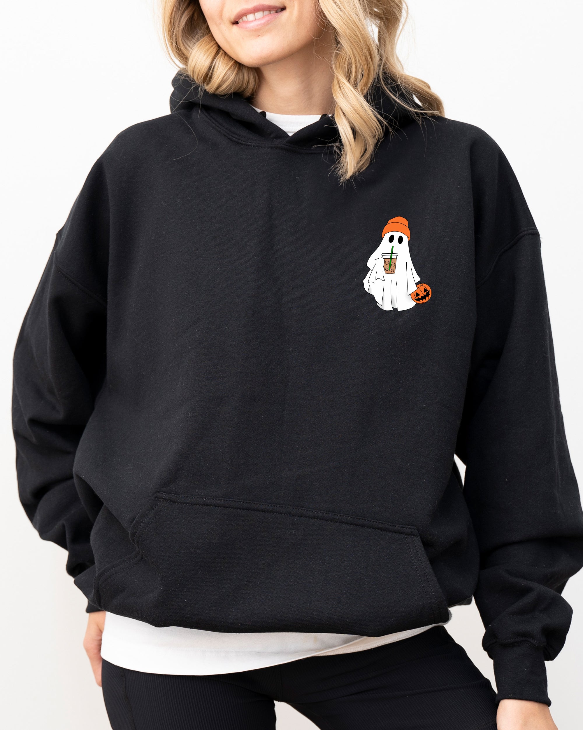 Cute Skater Ghost Pocket Print Halloween Coffee Trick Or Treat Hooded Sweatshirt