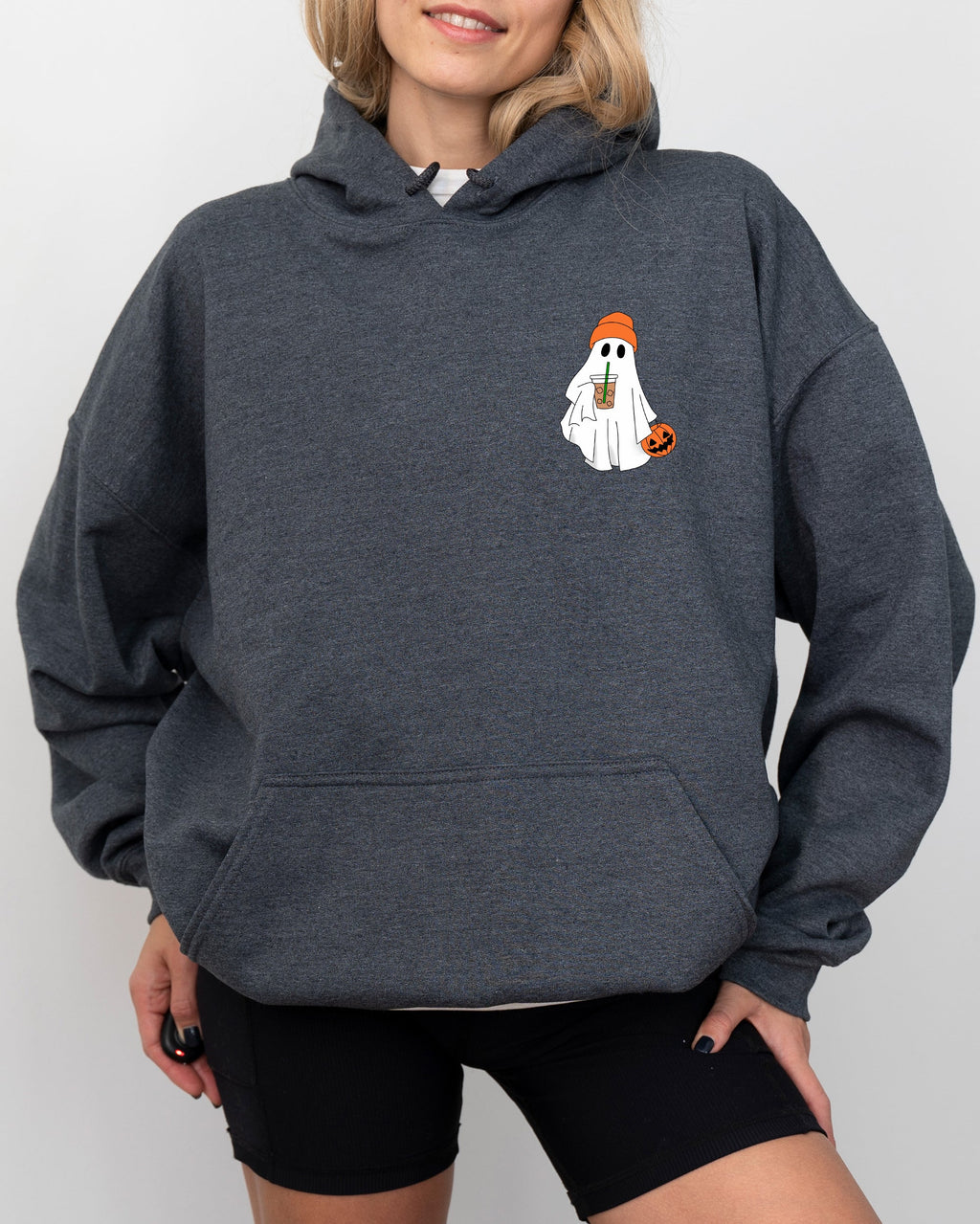 Cute Skater Ghost Pocket Print Halloween Coffee Trick Or Treat Hooded Sweatshirt