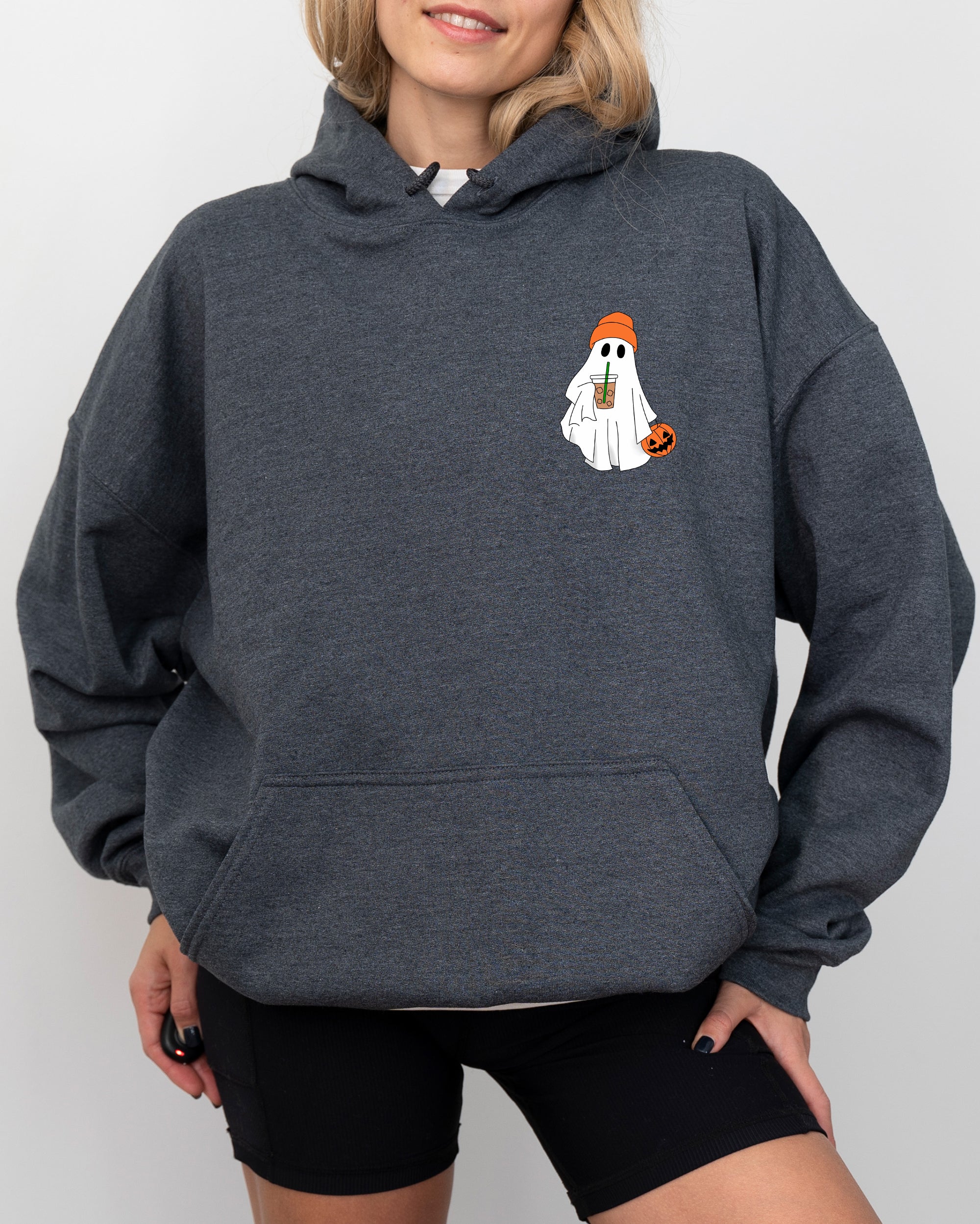 Cute Skater Ghost Pocket Print Halloween Coffee Trick Or Treat Hooded Sweatshirt