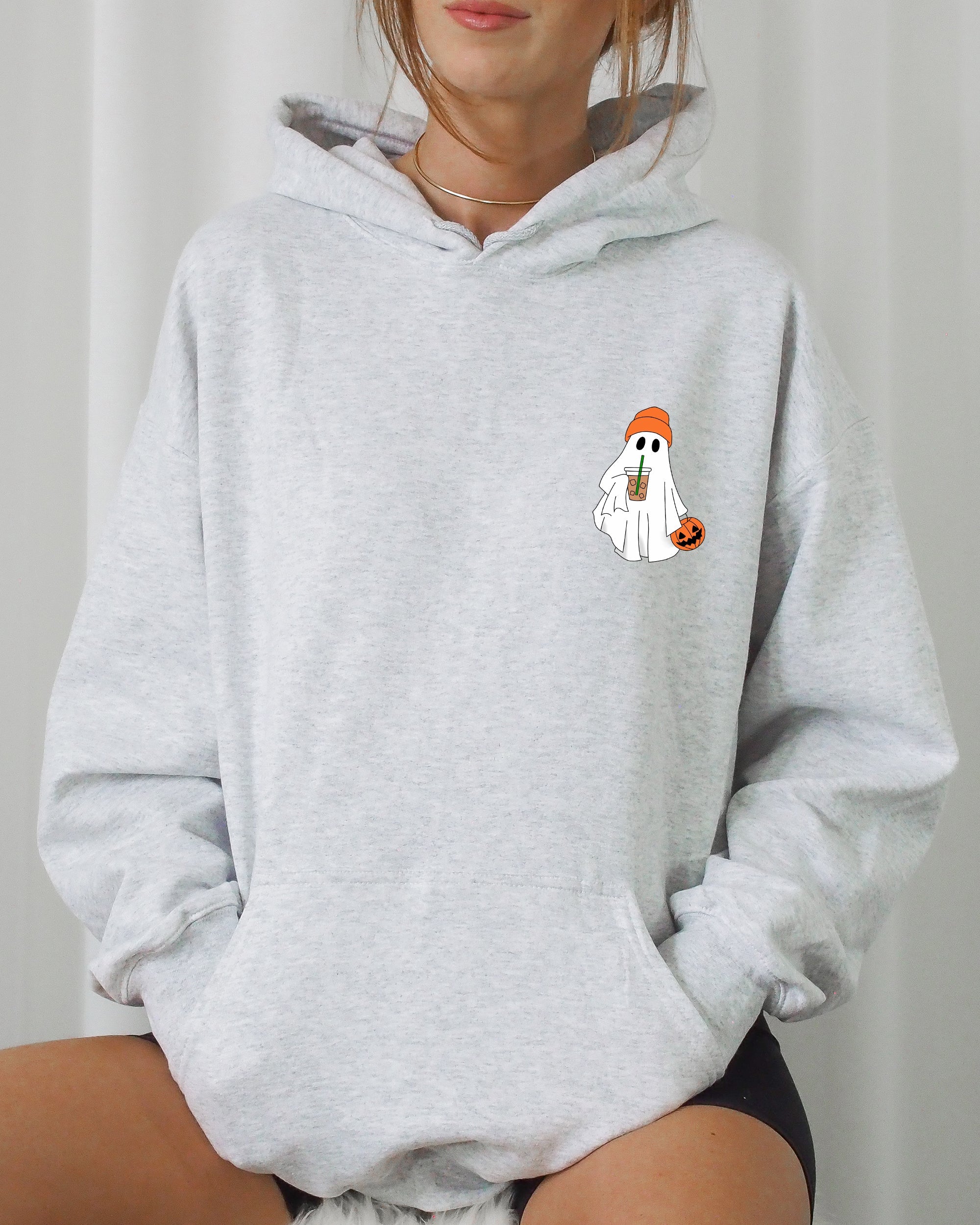 Cute Skater Ghost Pocket Print Halloween Coffee Trick Or Treat Hooded Sweatshirt