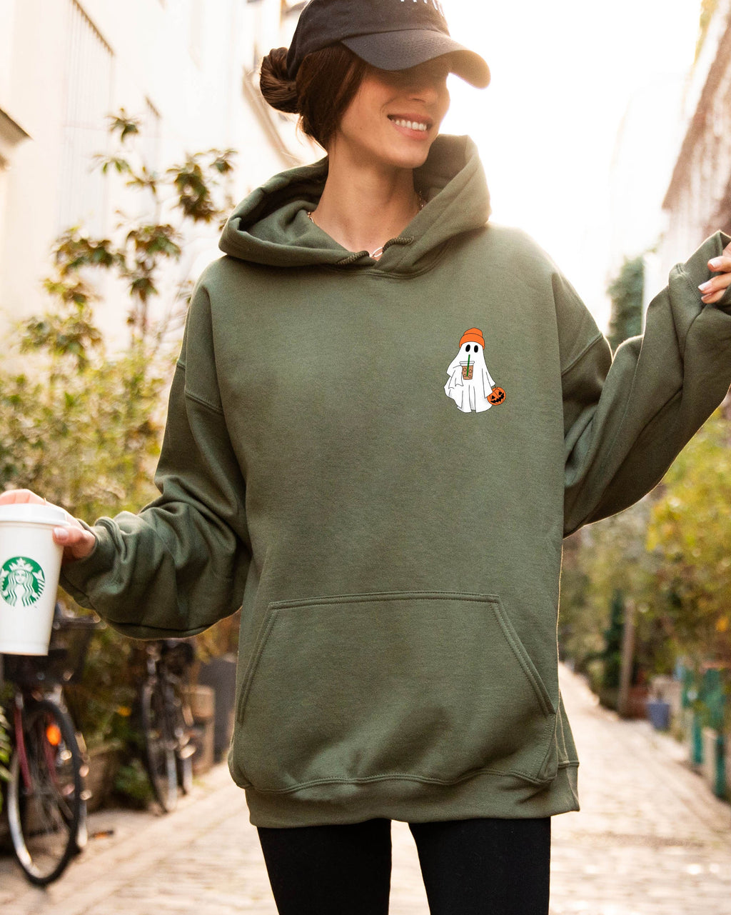 Cute Skater Ghost Pocket Print Halloween Coffee Trick Or Treat Hooded Sweatshirt