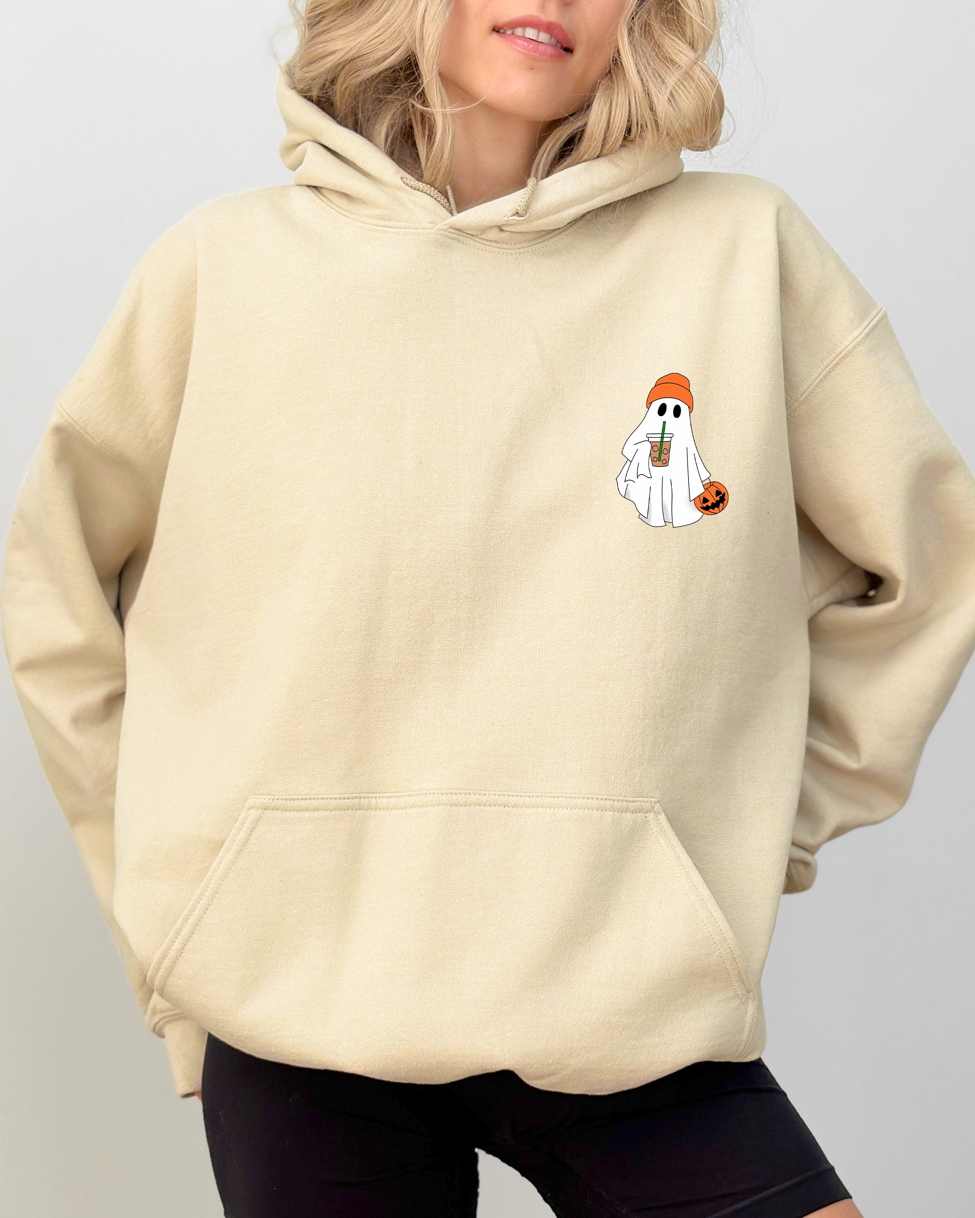 Cute Skater Ghost Pocket Print Halloween Coffee Trick Or Treat Hooded Sweatshirt