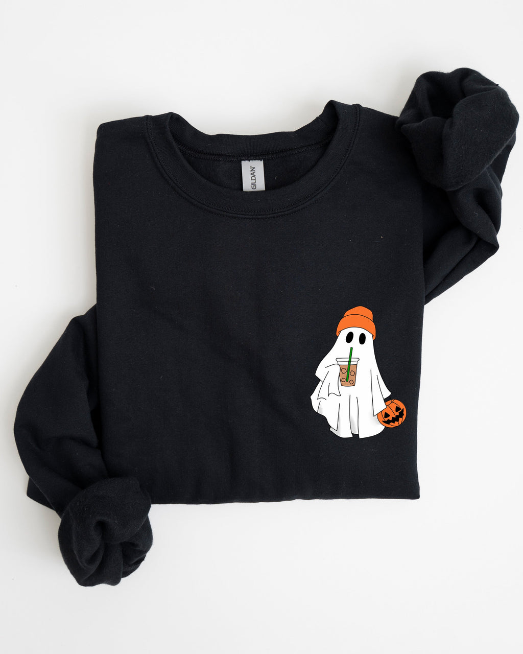 Cute Skater Ghost Pocket Print Halloween Coffee Trick Or Treat Cozy Graphic Sweatshirt