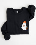 Cute Skater Ghost Pocket Print Halloween Coffee Trick Or Treat Cozy Graphic Sweatshirt