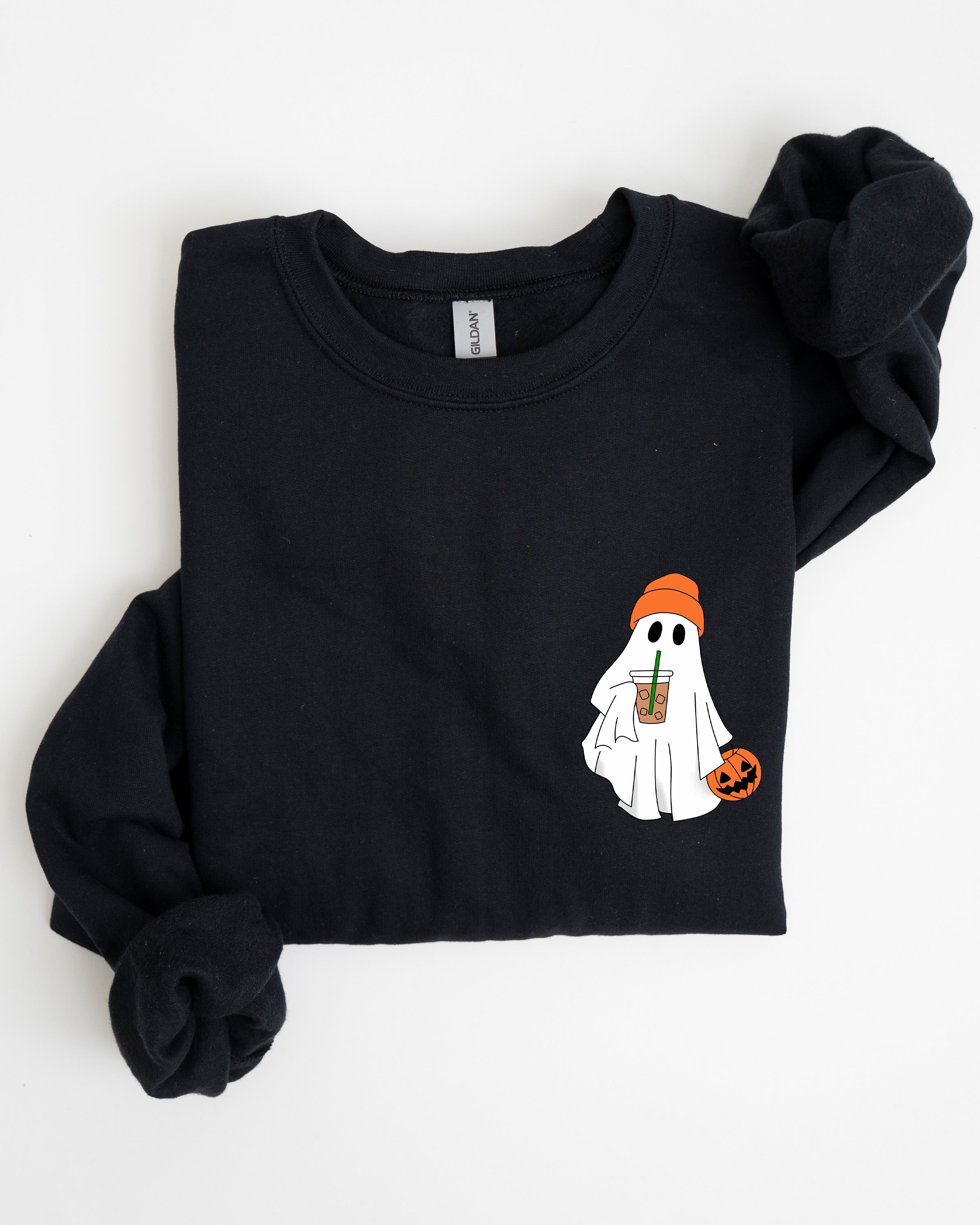 Cute Skater Ghost Pocket Print Halloween Coffee Trick Or Treat Cozy Graphic Sweatshirt